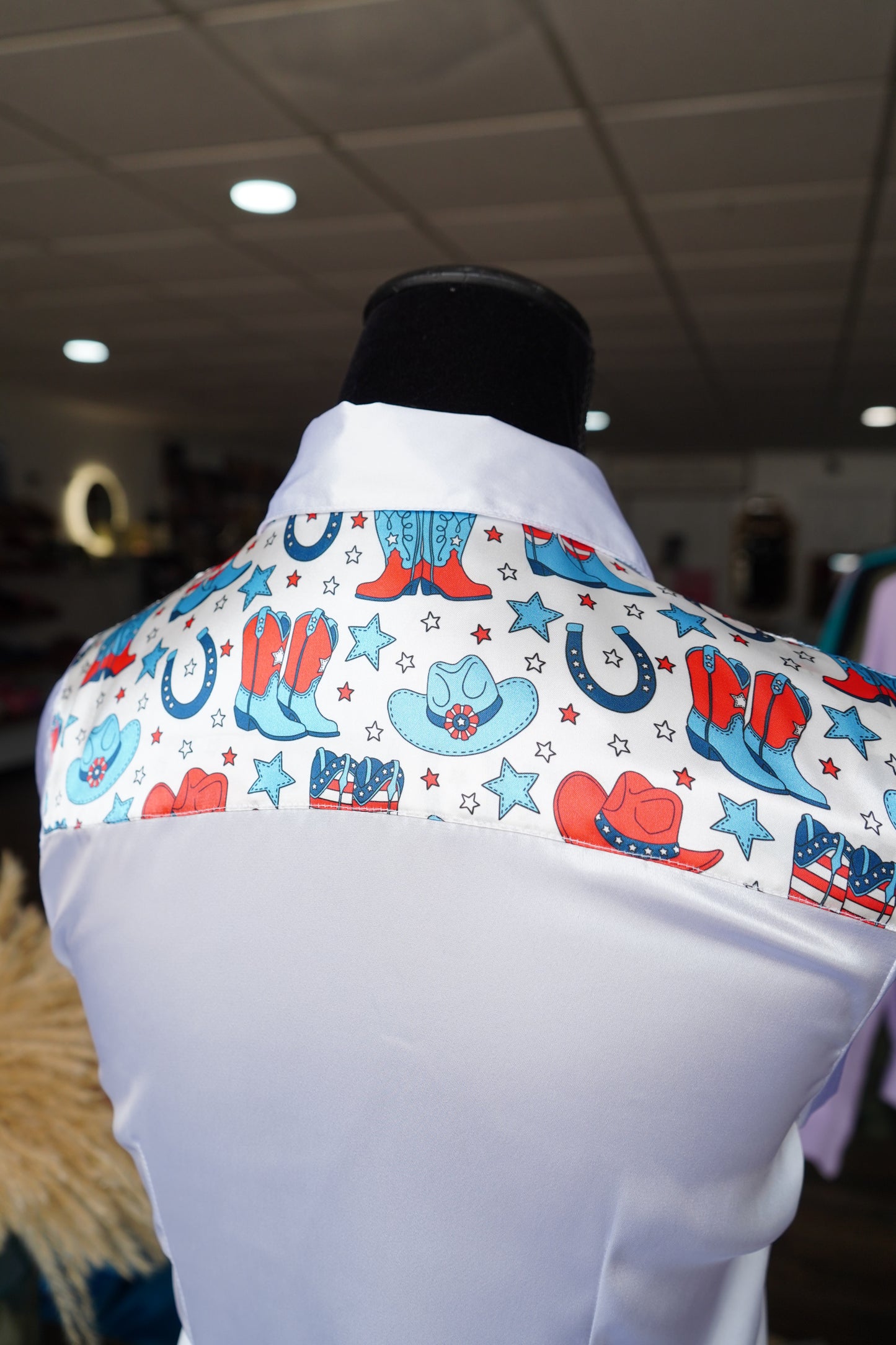 S - Patriotic Boots & Hats on White Button Down