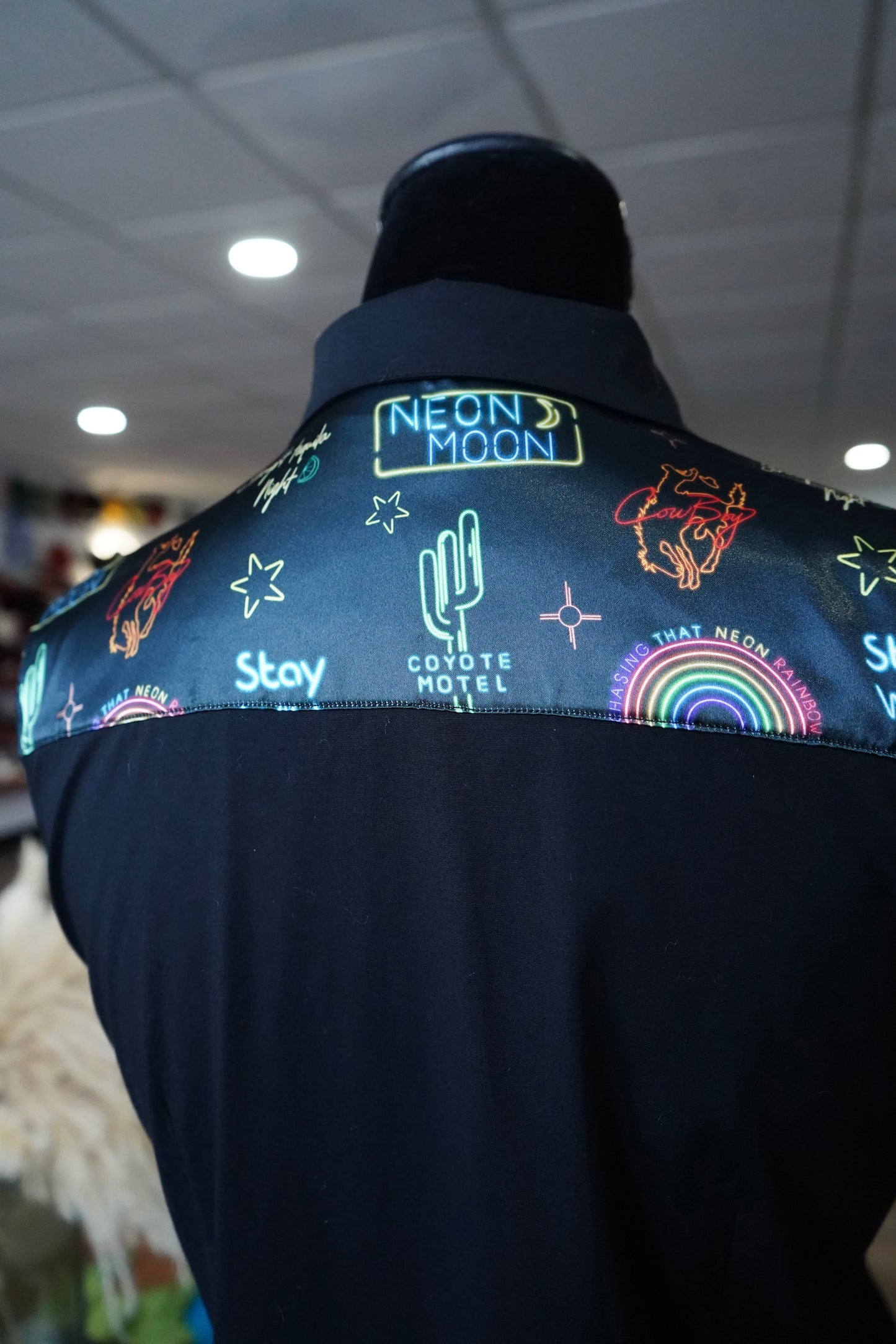 S - Neon Moon on Black Cotton Button Down