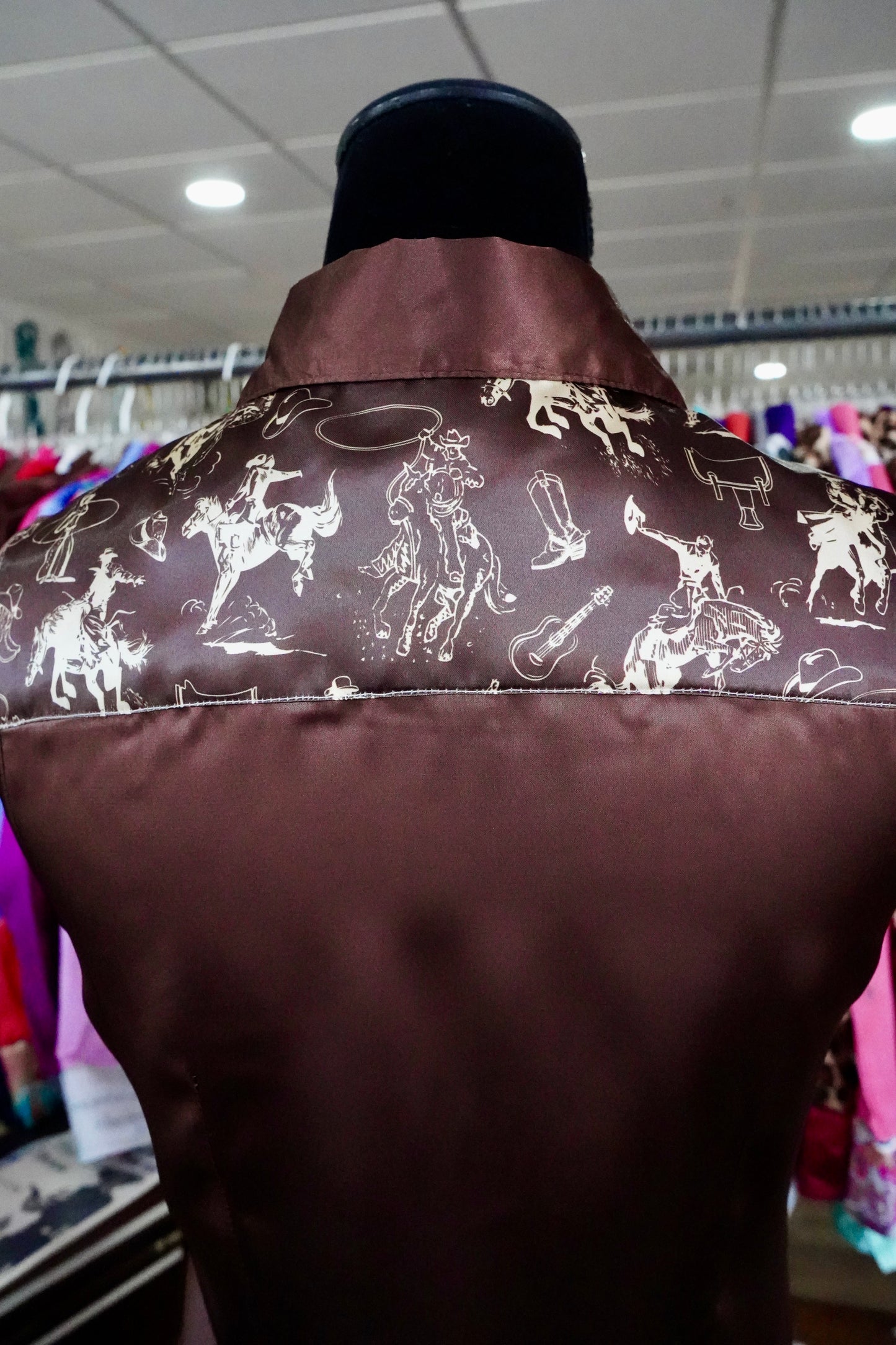 S - Brown Cowboy Sketches on Brown Satin Button Down