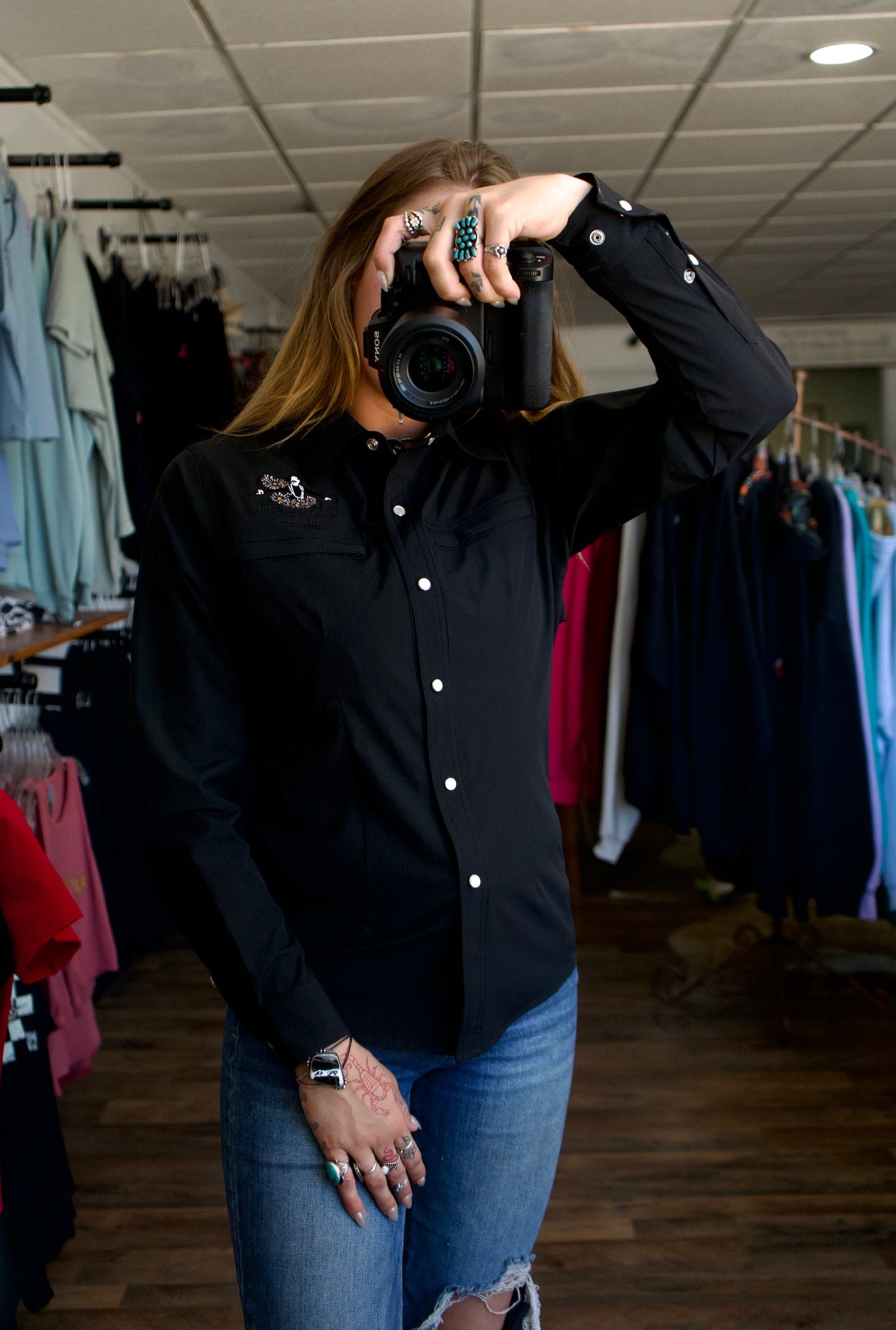 Daisy Gang Fishing Shirt Pearl Snaps - Black Long Sleeves