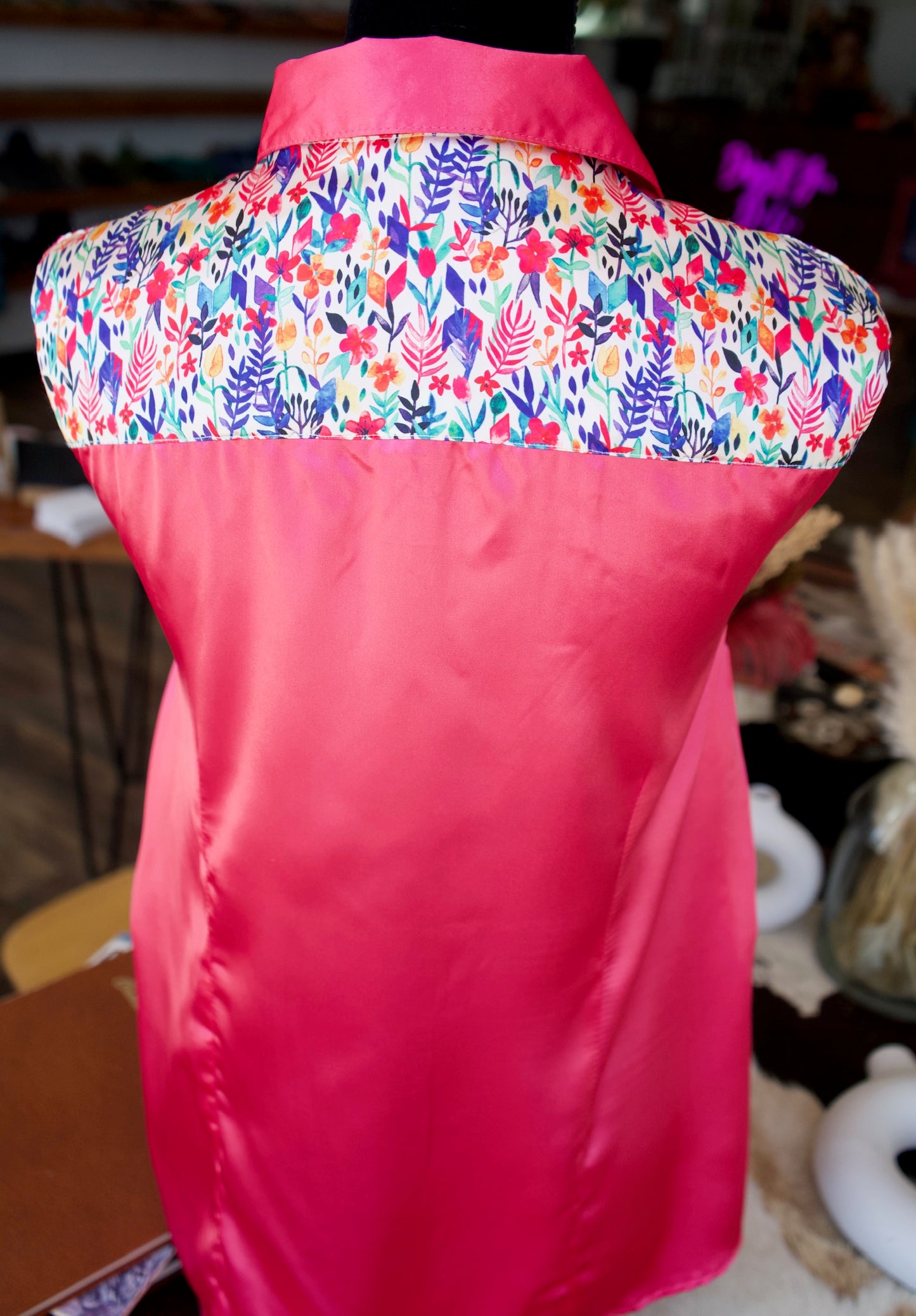 2XL - Paintbrush Floral on Hot Pink Satin Button Down