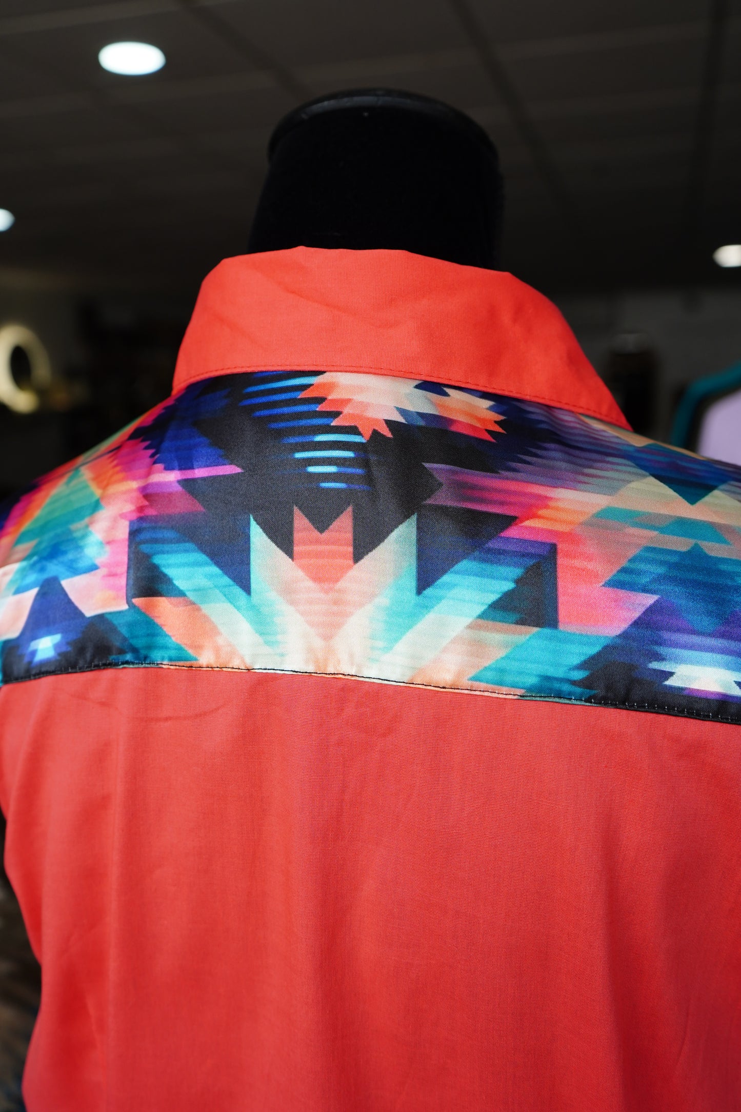 XL - Kaleidoscope Aztec on Hot Coral Cotton Button Down