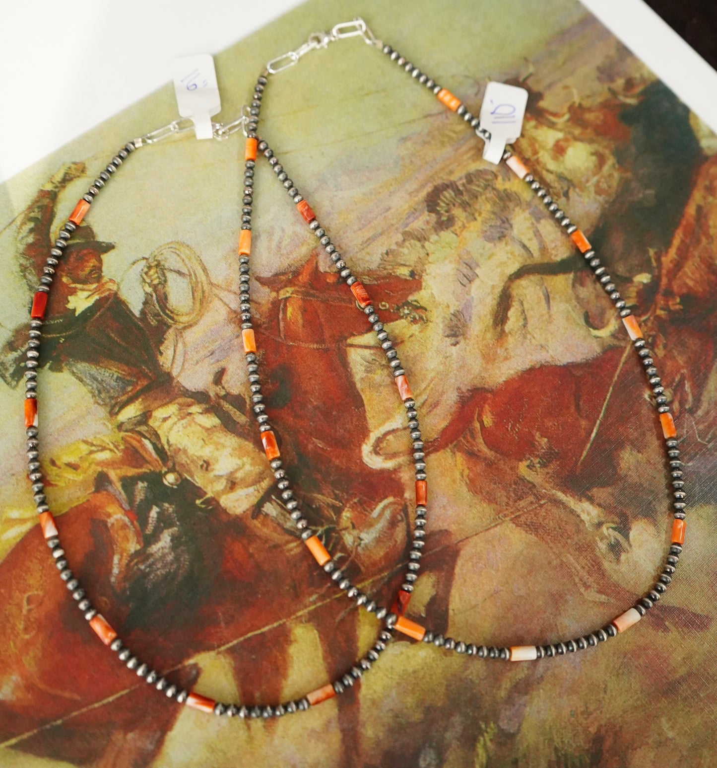 Sterling Silver Pearls w/ Skinny Orange Spiny Beads Necklaces