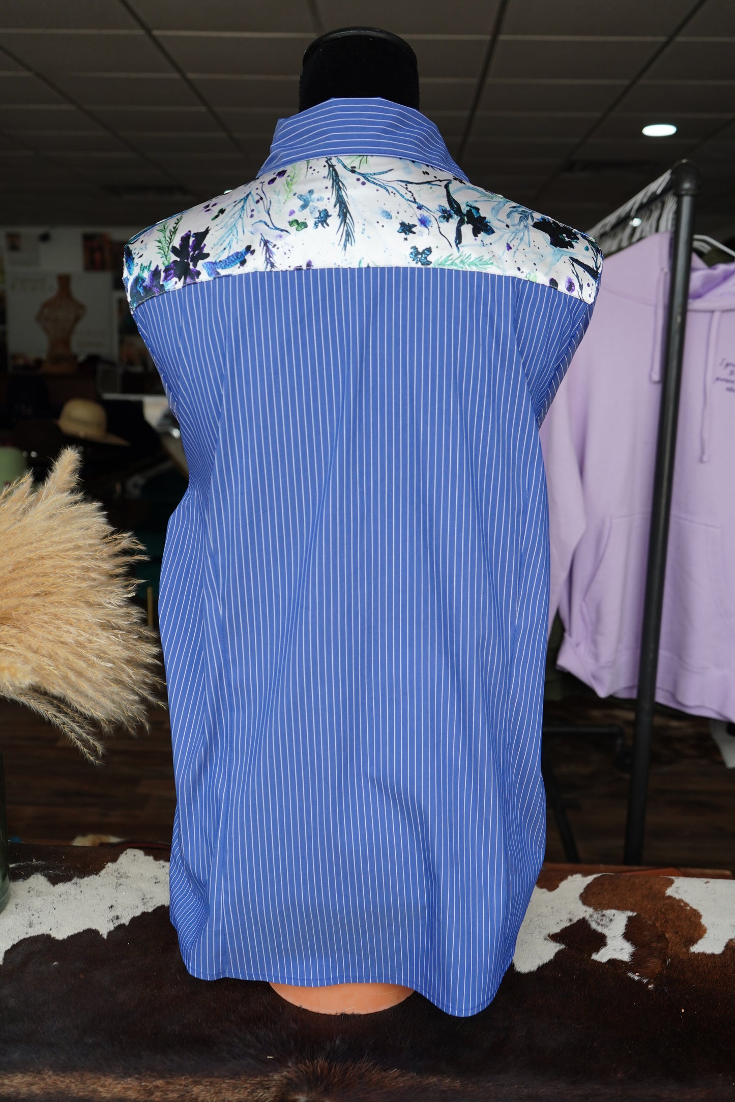 2XL - Watercolor Leaves & Flowers on Denim & White Striped Button Down