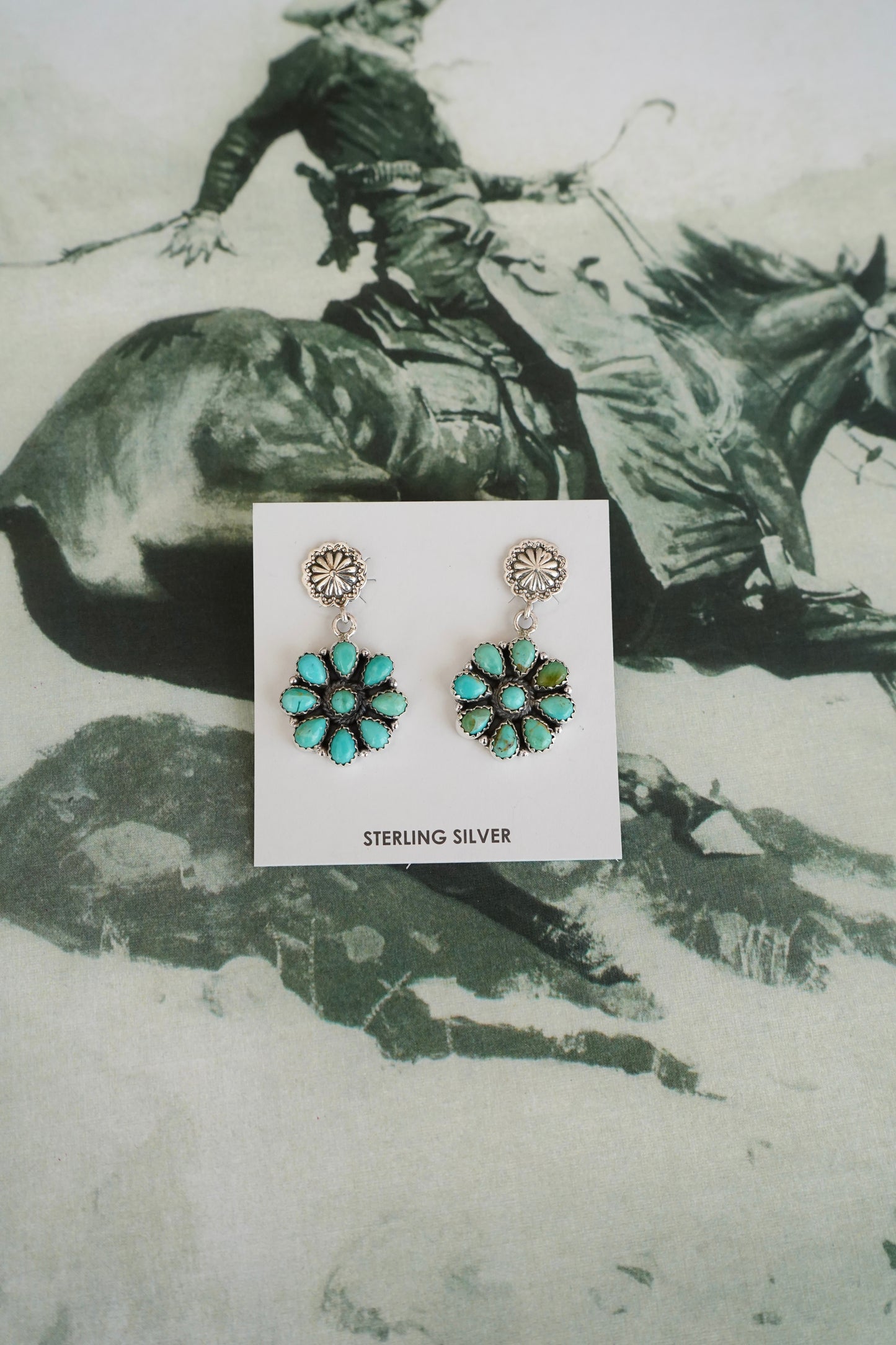 Dangly Concho w/ Dangly Kingman Turquoise Flowers Stud Earrings