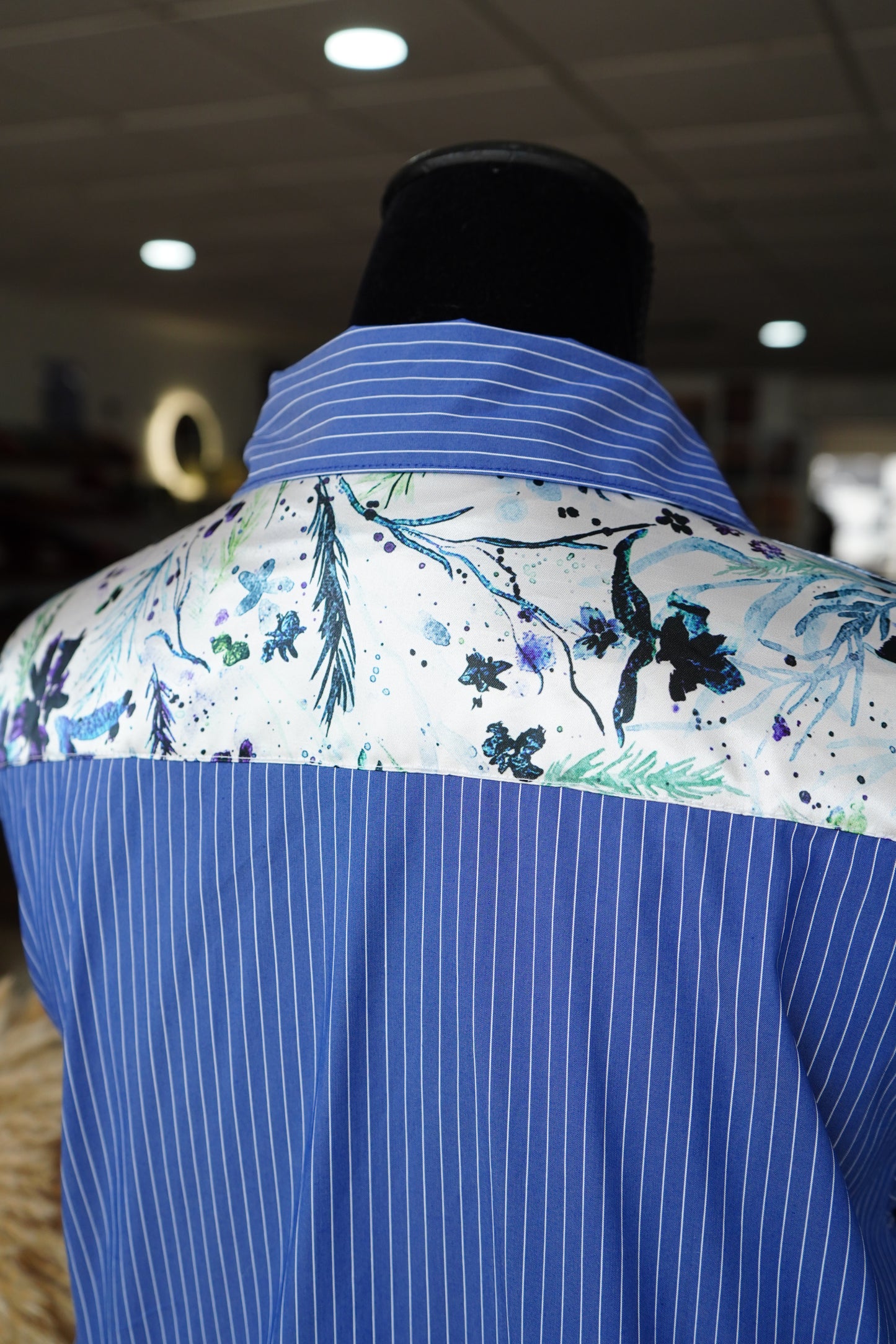 2XL - Watercolor Leaves & Flowers on Denim & White Striped Button Down
