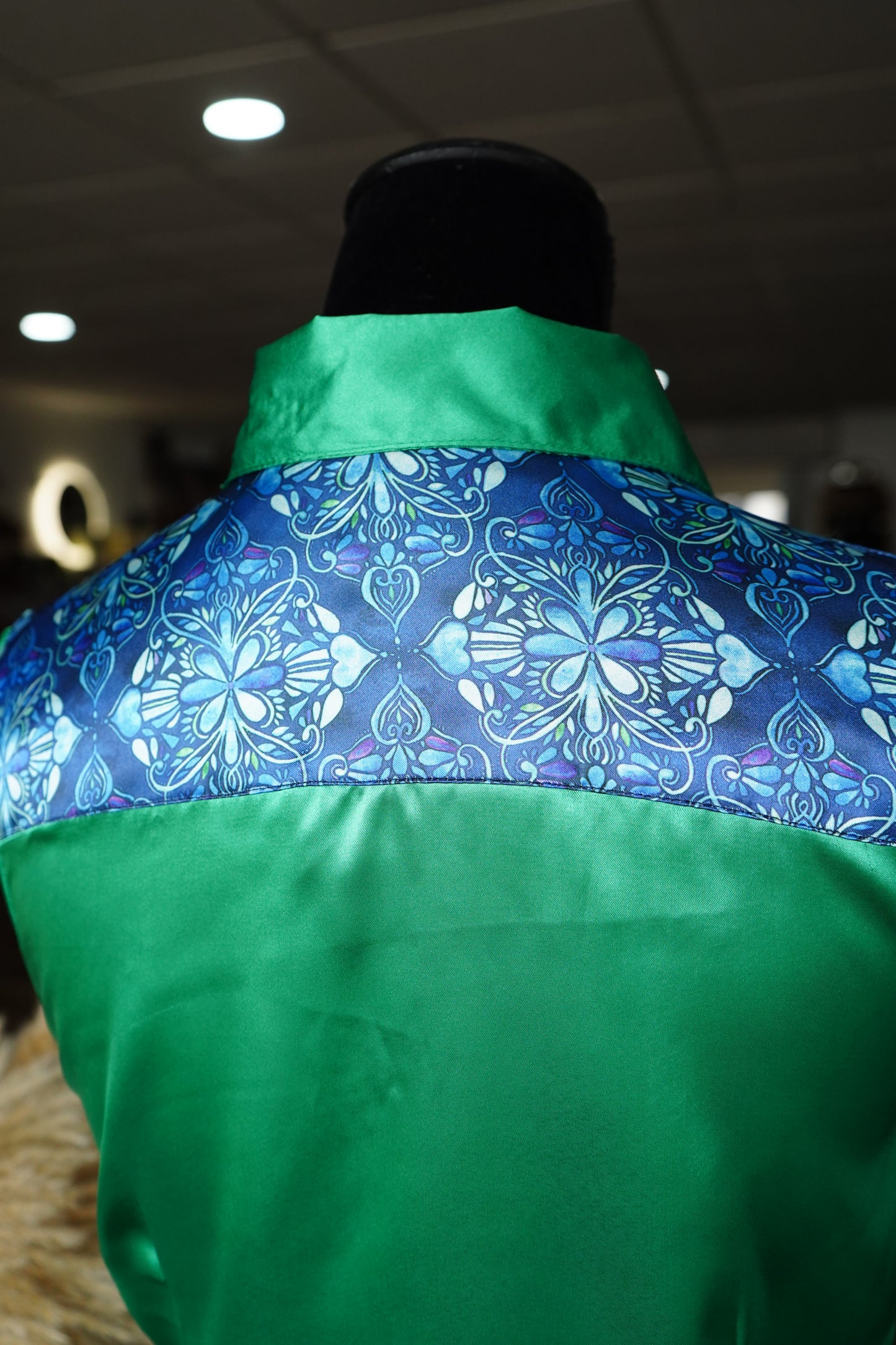M - Blue Stained Glass on Kelly Green Button Down