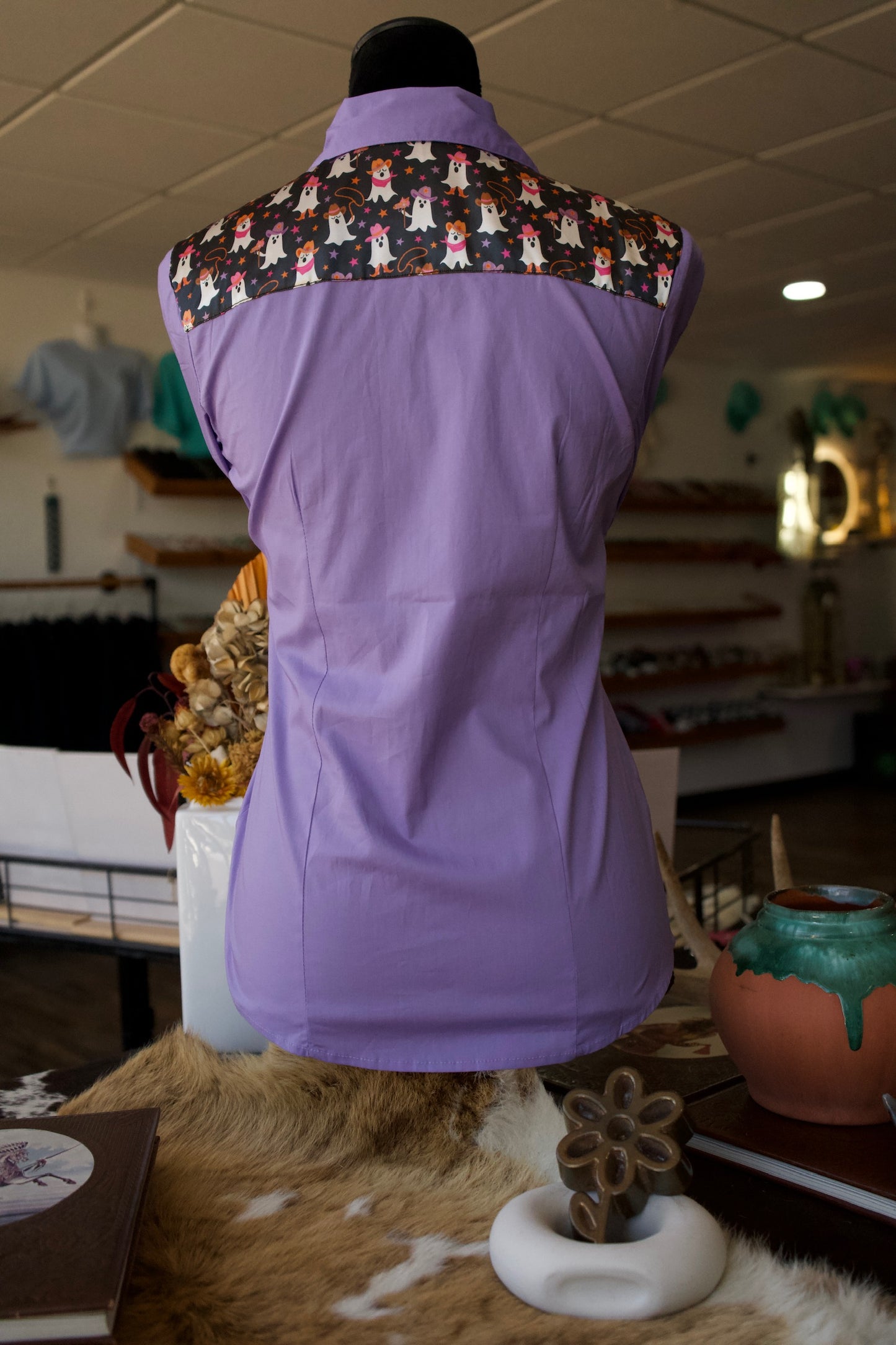 S - Cowboy Ghosts on Lavender Cotton Button Down