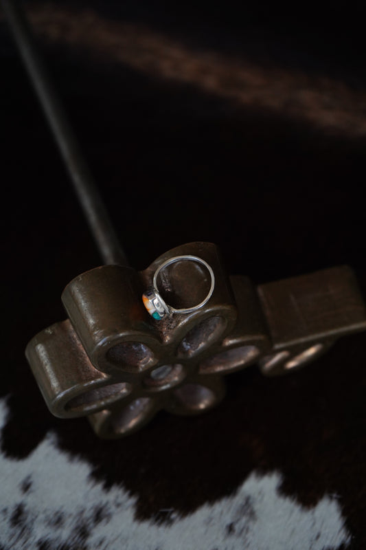 Small Turquoise & Orange Spiny Teardrop Ring - Adj