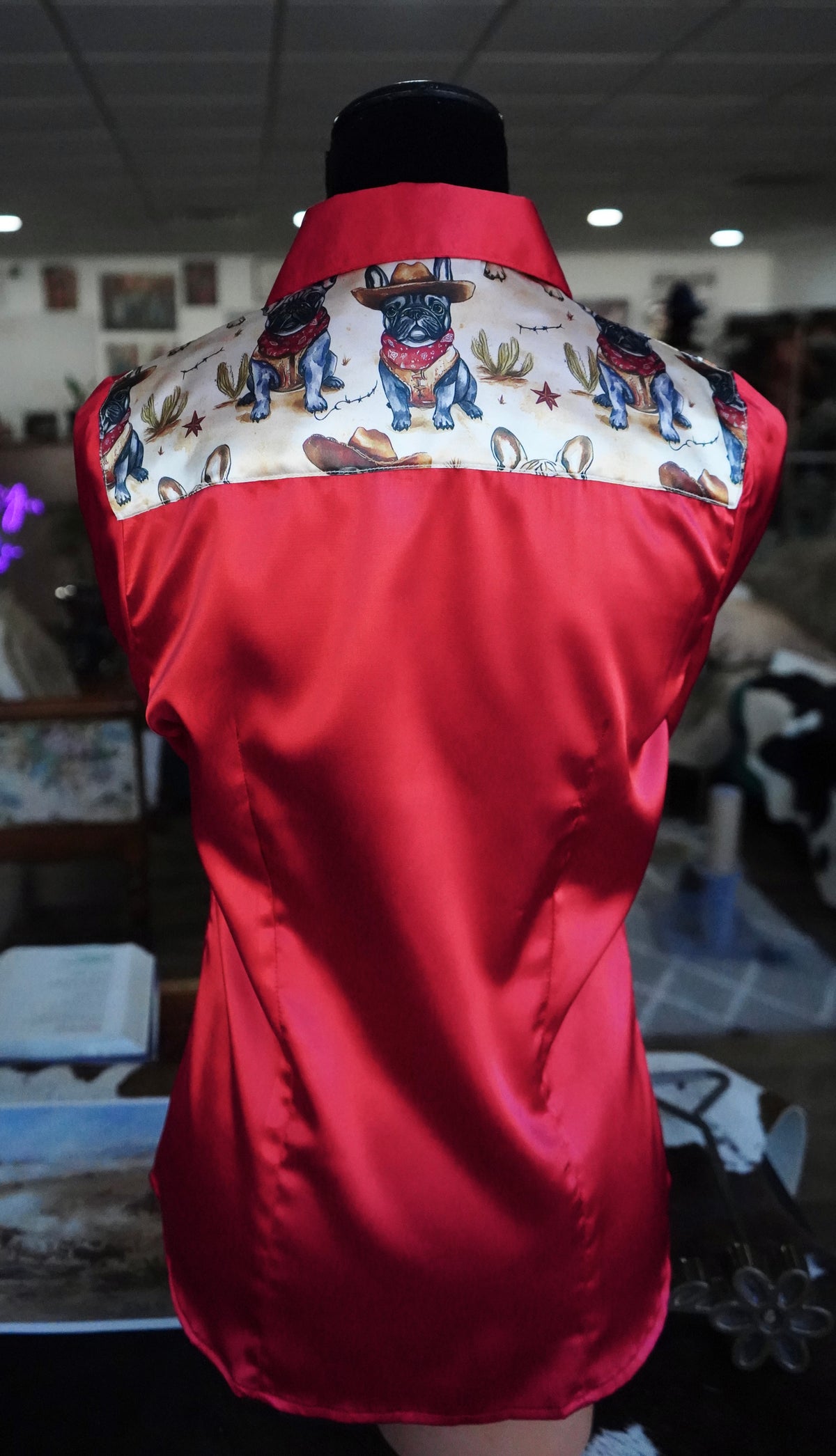 S - Cowboy Frenchies on Red Satin Button Down