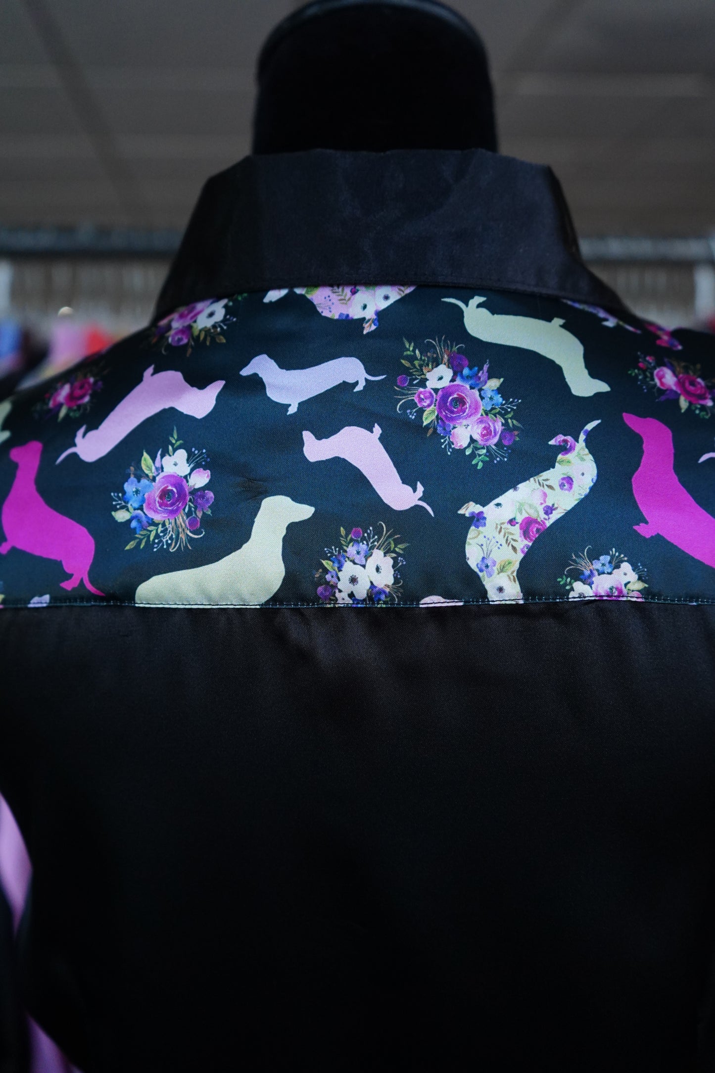 M - Floral Weenie Dogs on Black Satin Button Down