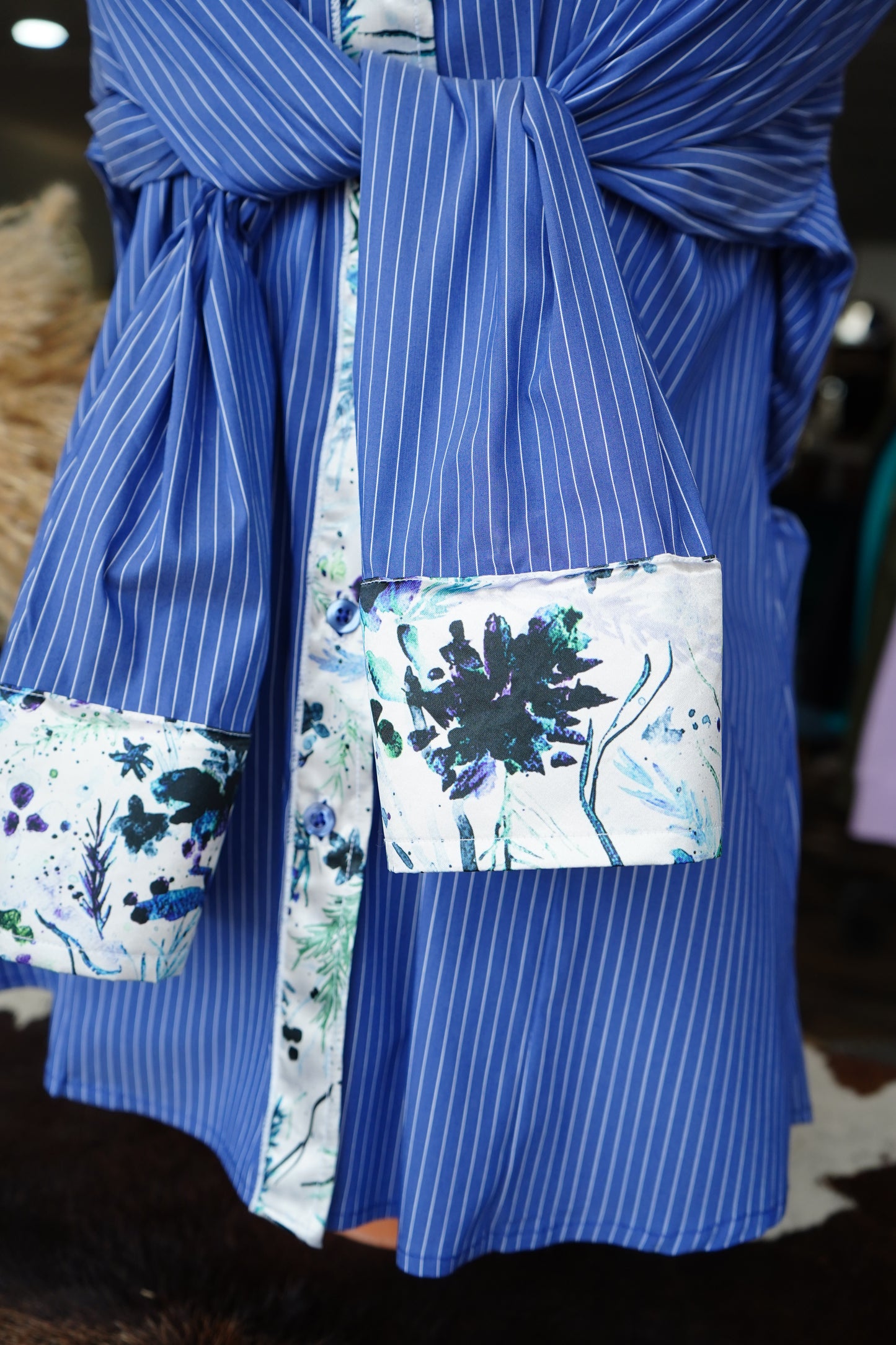 2XL - Watercolor Leaves & Flowers on Denim & White Striped Button Down