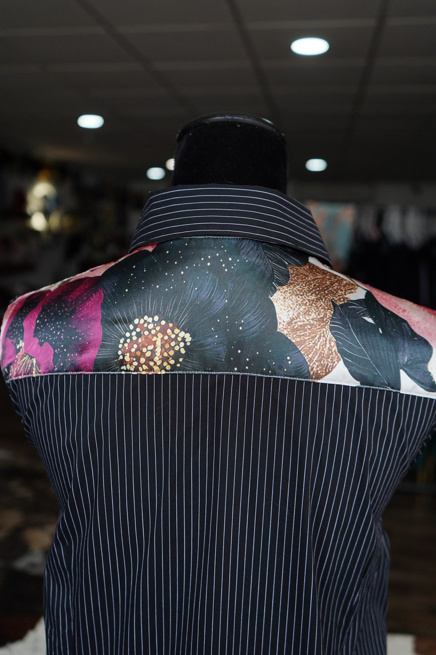 XL - Black/Gold/Wine Floral on B/W Striped Cotton Button Down