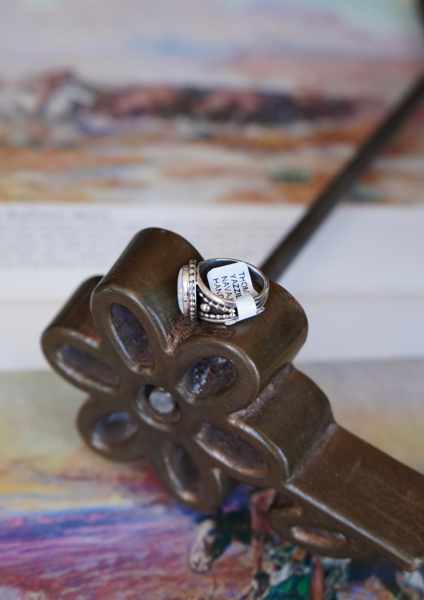 Thomas Yazzie White Opal w/ Beaded Band Ring - Sz 6