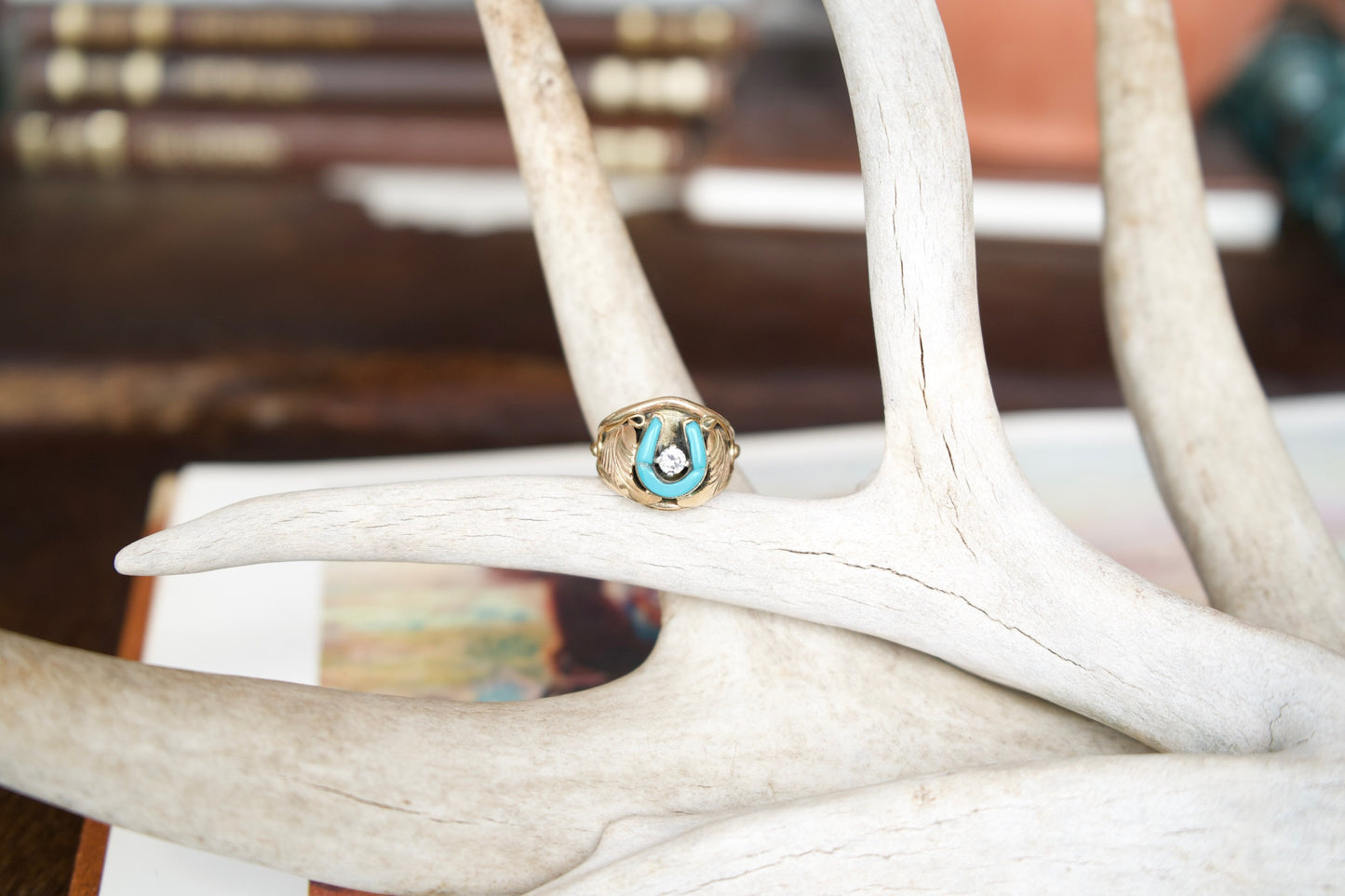 Gold Plated Turquoise Horse Shoe Ring - Sz 9