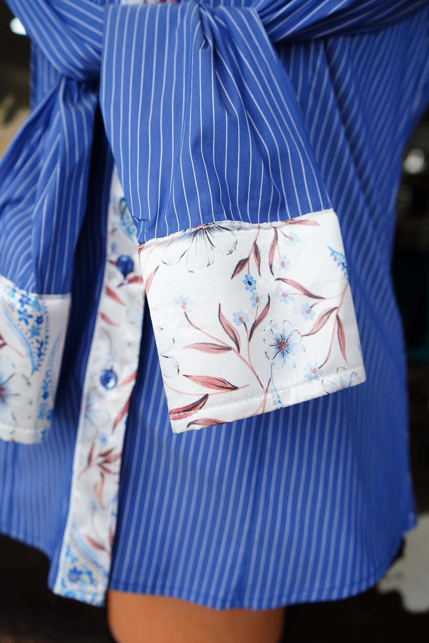 S - Rust Floral Paisley on Denim & White Striped Button Down