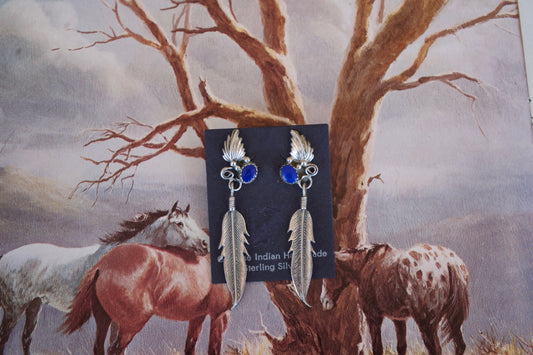 Lapis Lazuli Post Earrings with Feather Dangle
