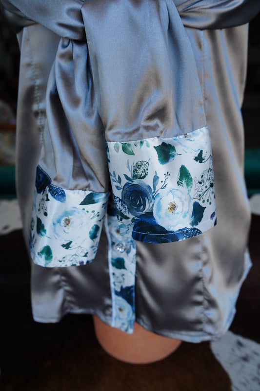 M - Navy Feather Floral on Silver Satin Button Down
