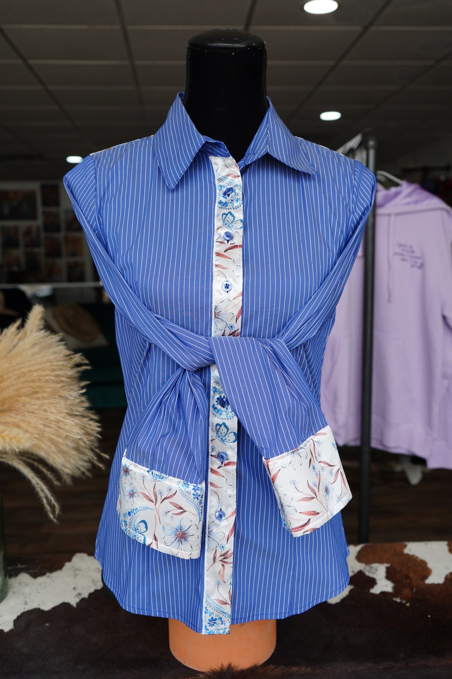 S - Rust Floral Paisley on Denim & White Striped Button Down