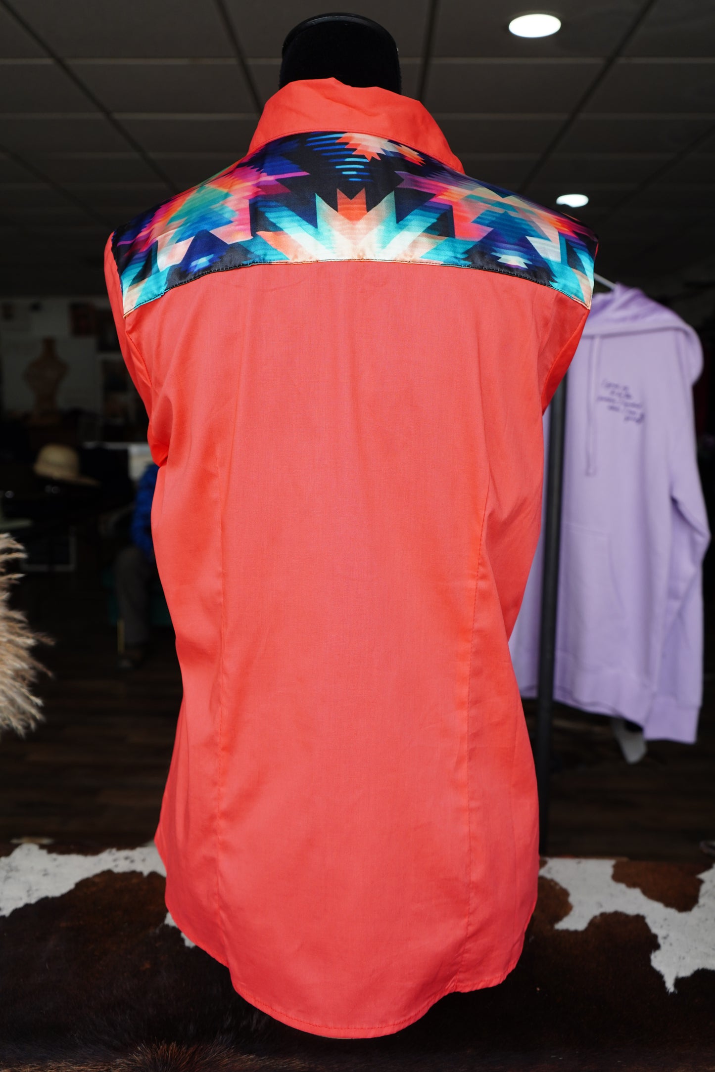 XL - Kaleidoscope Aztec on Hot Coral Cotton Button Down