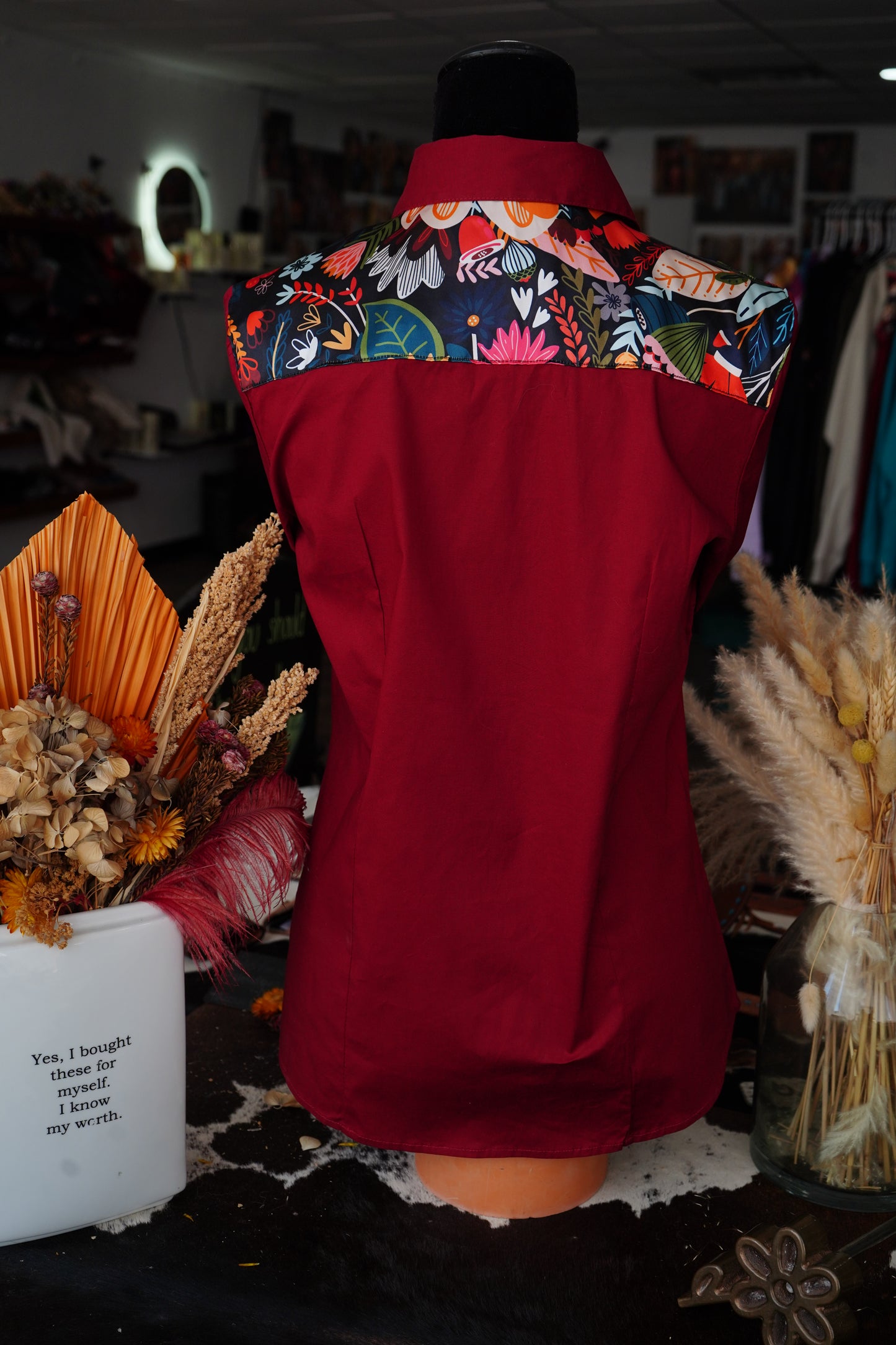 XL - Burgundy Cotton w/ Black Wildflowers Button Down