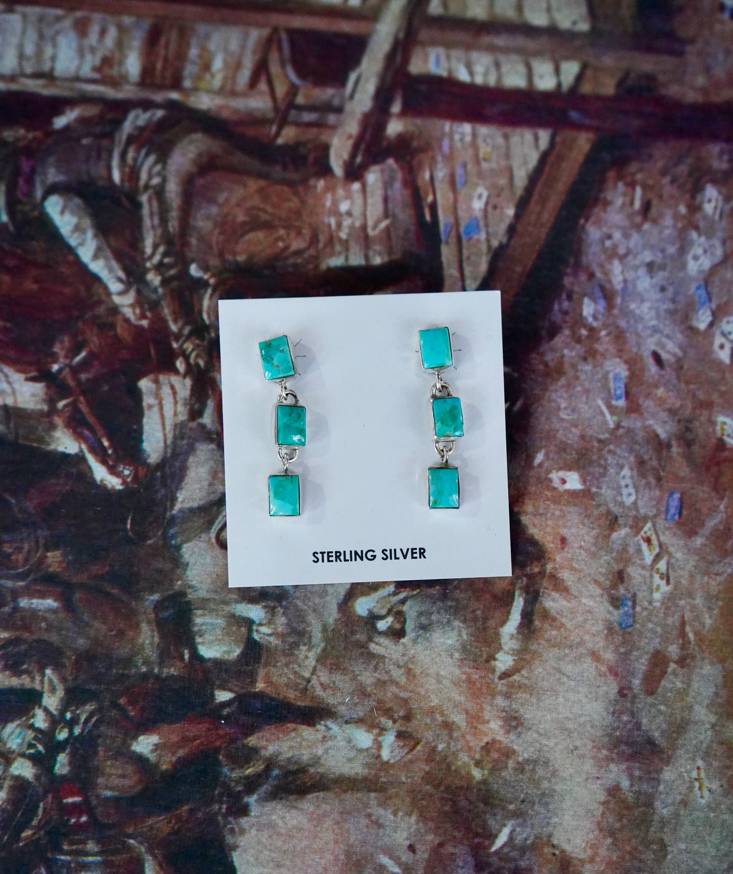 3 Stone Dangly Turquoise Square Stud Earrings