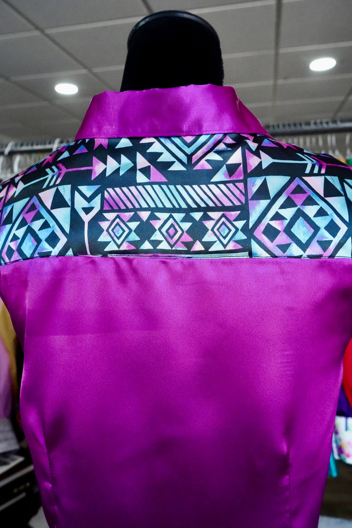 L - Watercolor Aztec on Magenta Satin Button Down