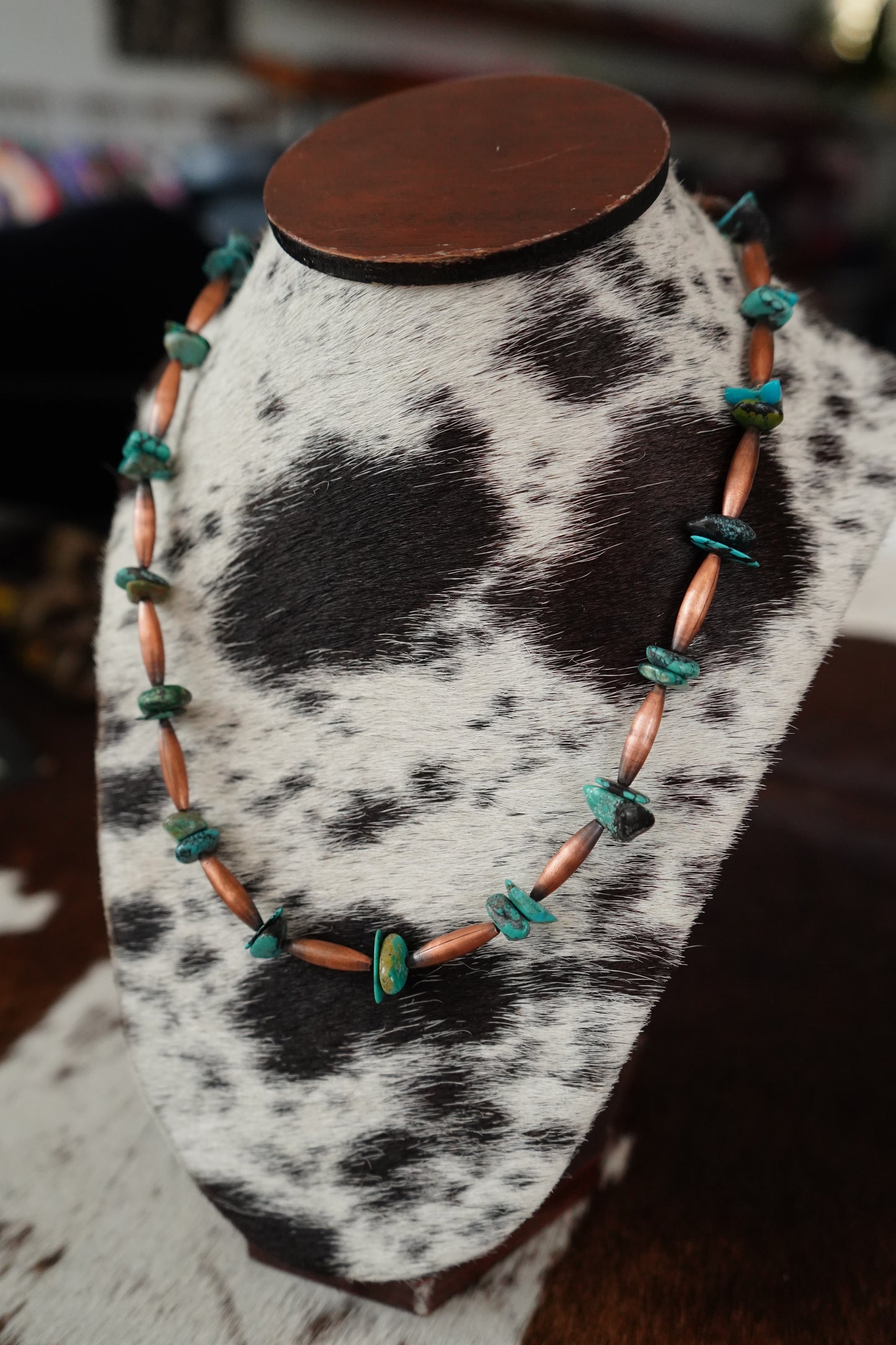 Copper Torpedo Pearls & Turquoise Chips Necklace - 18”