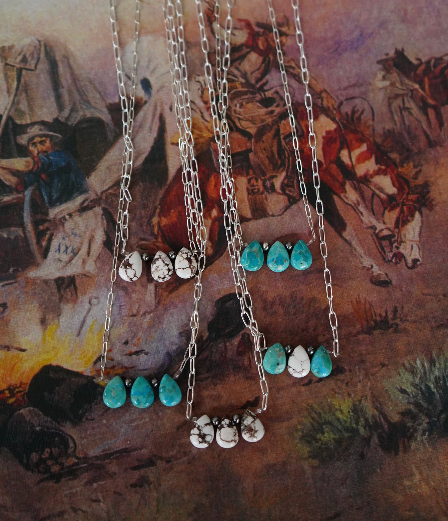 3 Stone Turquoise Teardrops on Paper Clip Chain Necklaces