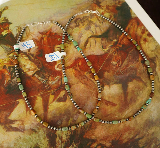 Sterling Silver Pearls w/ 3 Stone Green Turquoise Necklaces
