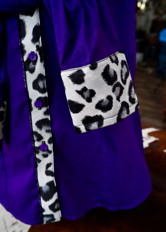XL - Snow Leopard on Purple Cotton Button Down