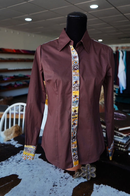 L - Brown Cotton w/ Cheetah Sunflower Stripes Button Down