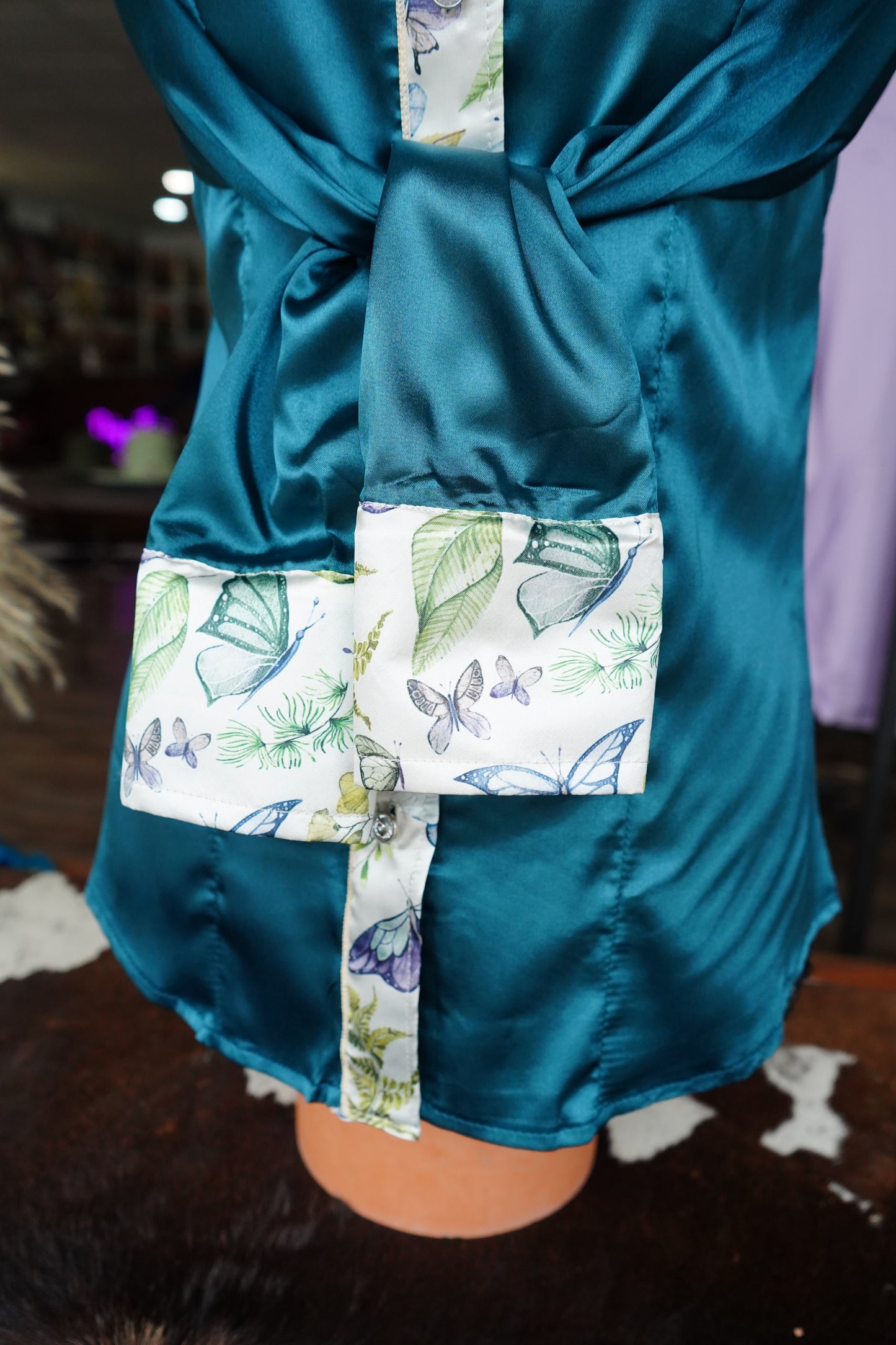 S - Butterflies & Leaves on Teal Button Down
