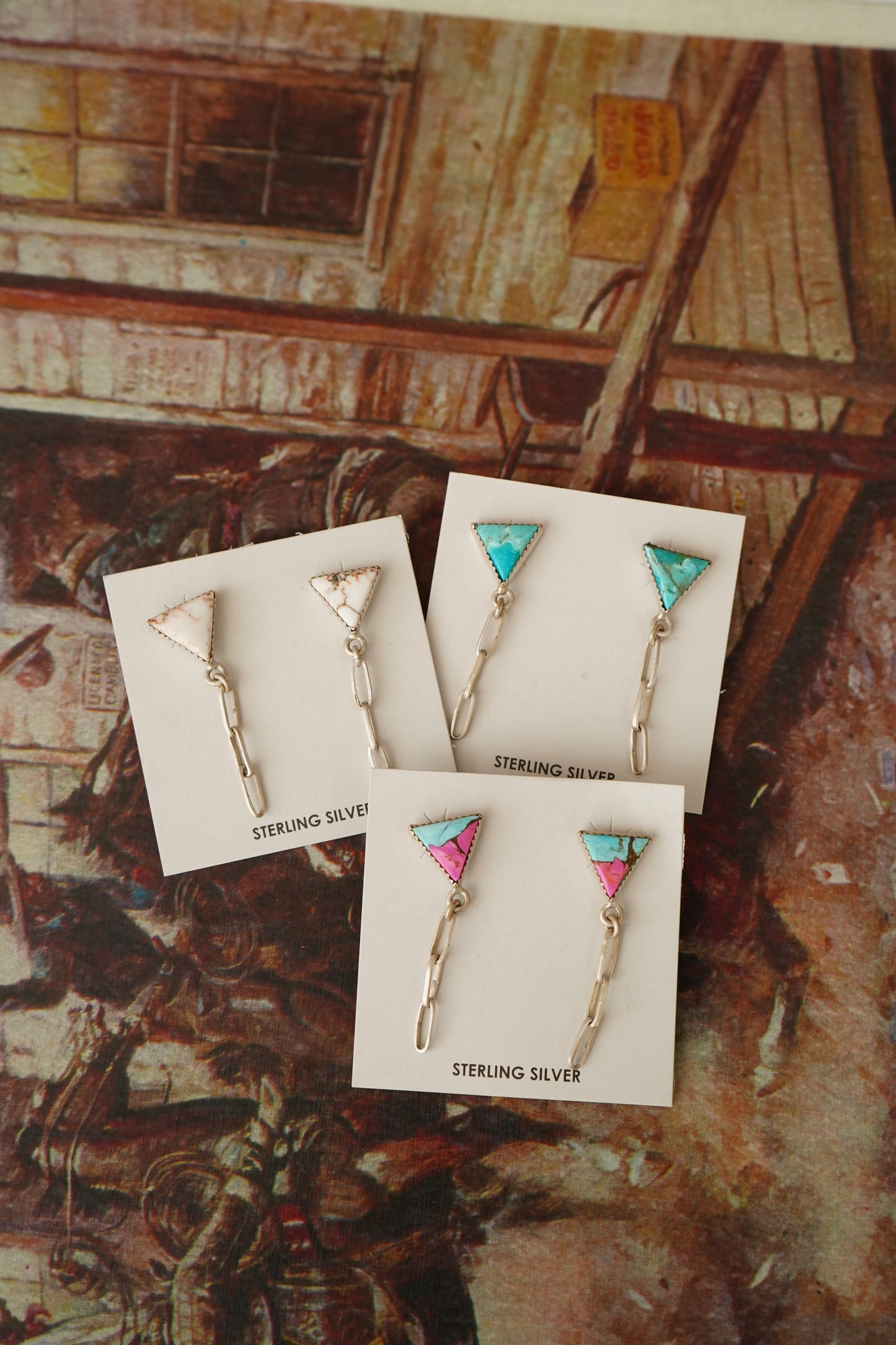 Turquoise Triangle w/ Dangly Paperclip Chain Stud Earrings