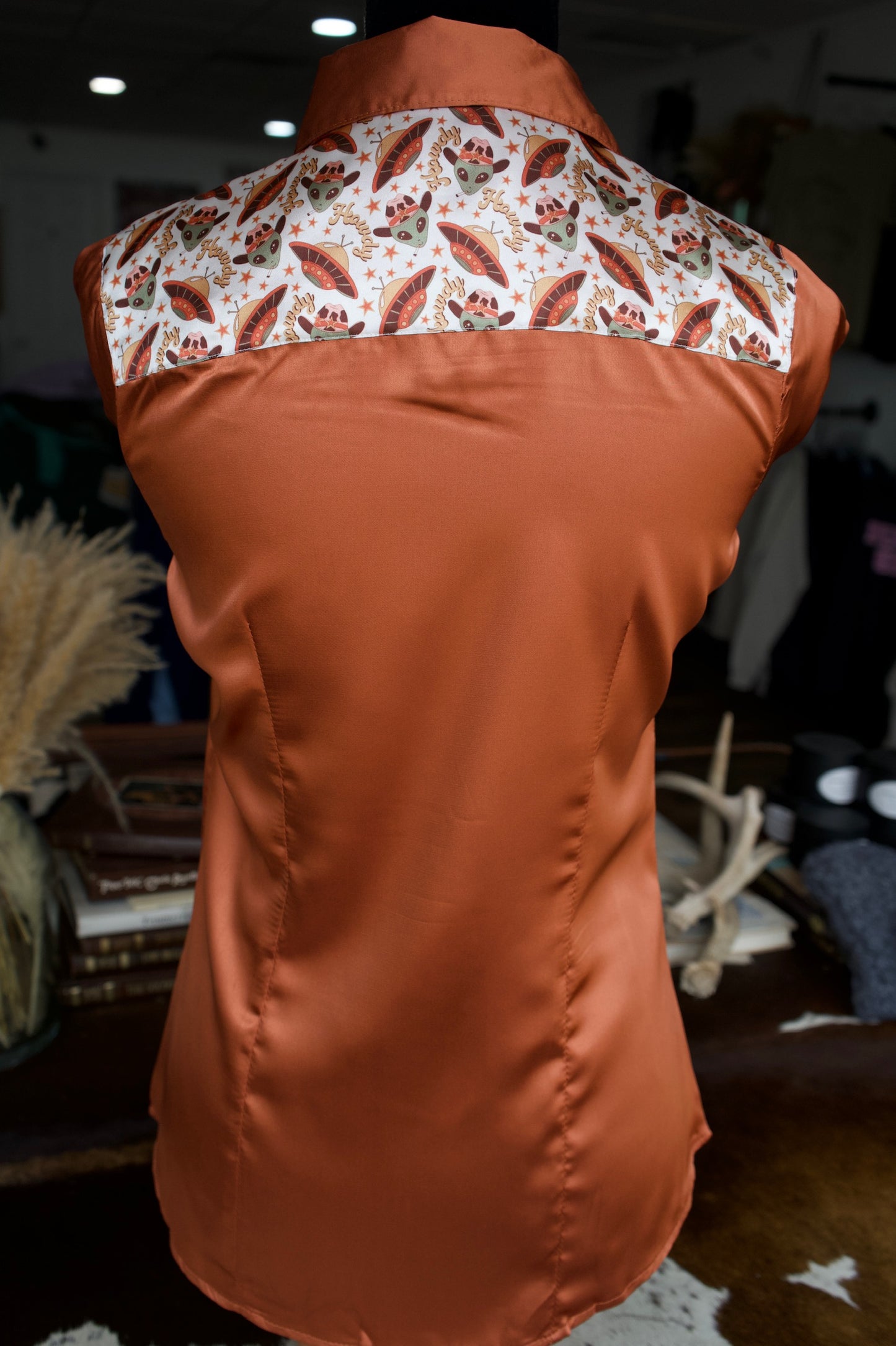 S - Aliens Flyin’ High on Rust Satin Button Down