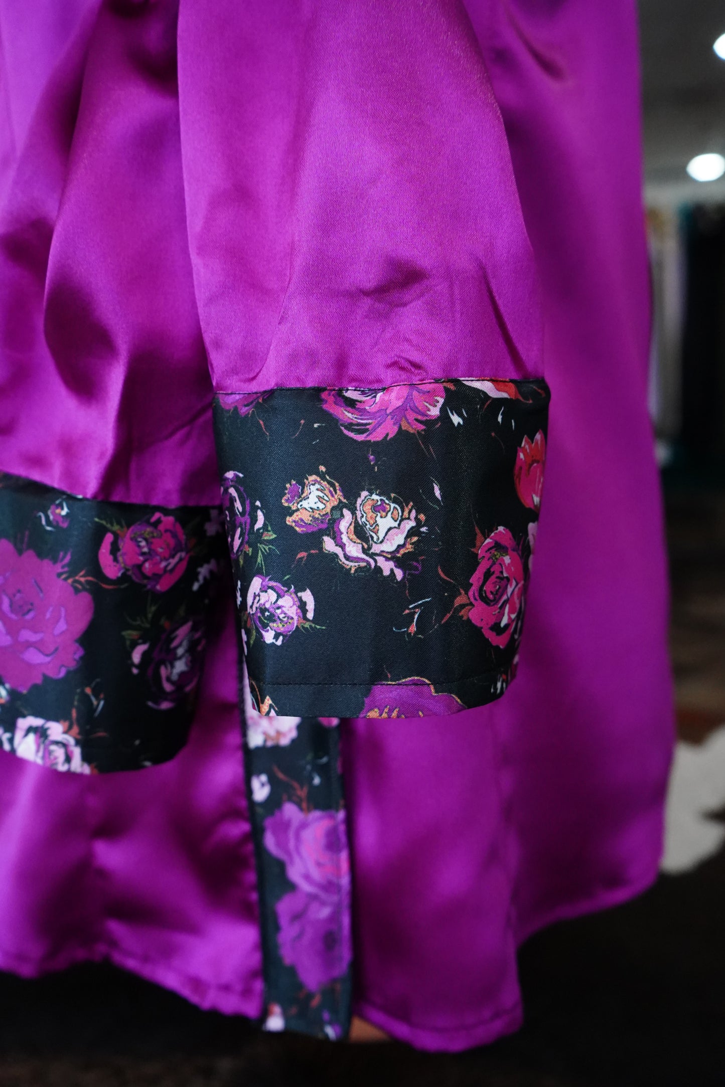 L - Black w/ Magenta Roses on Magenta Satin Button Down