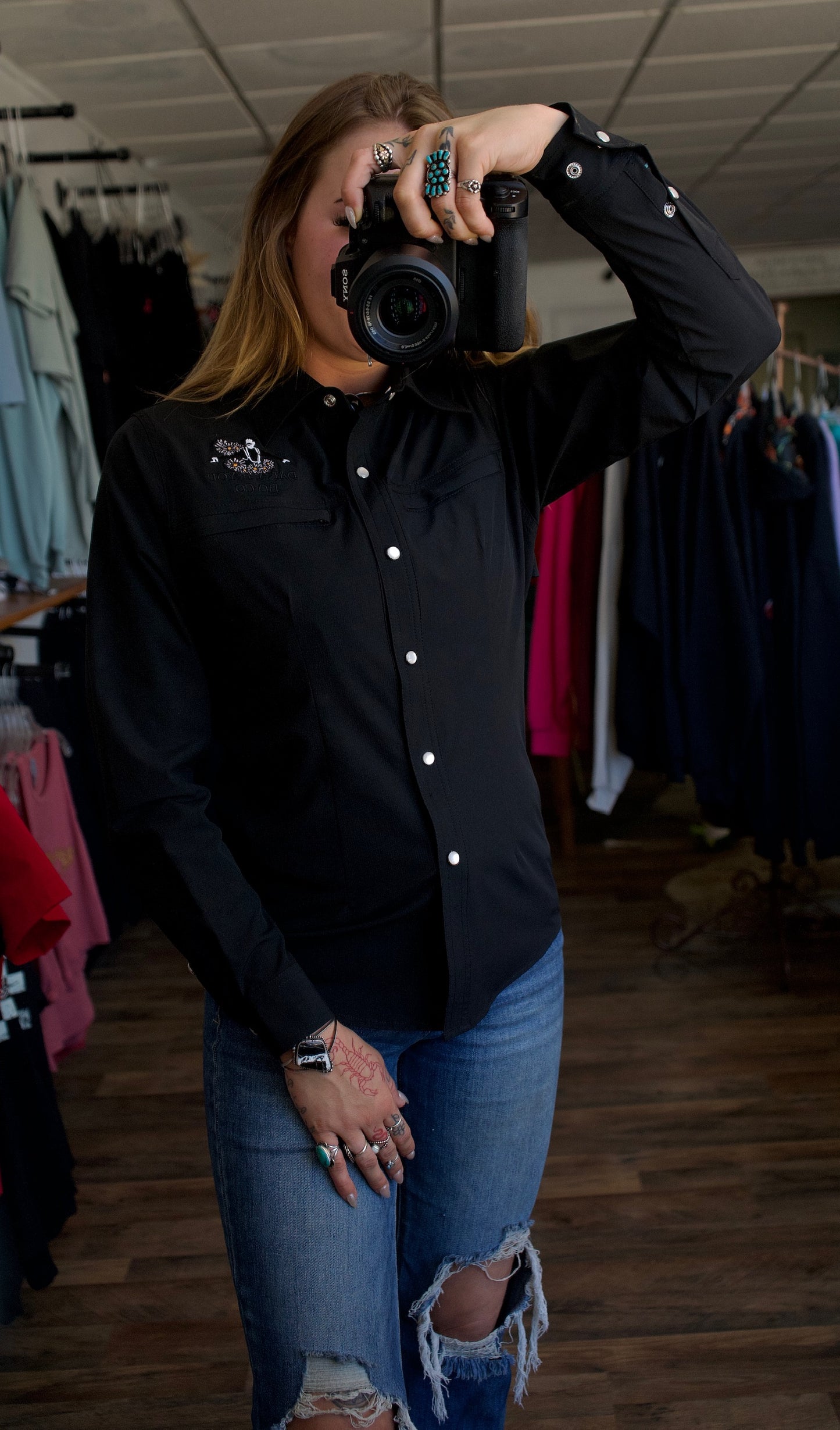 Daisy Gang Fishing Shirt Pearl Snaps - Black Long Sleeves