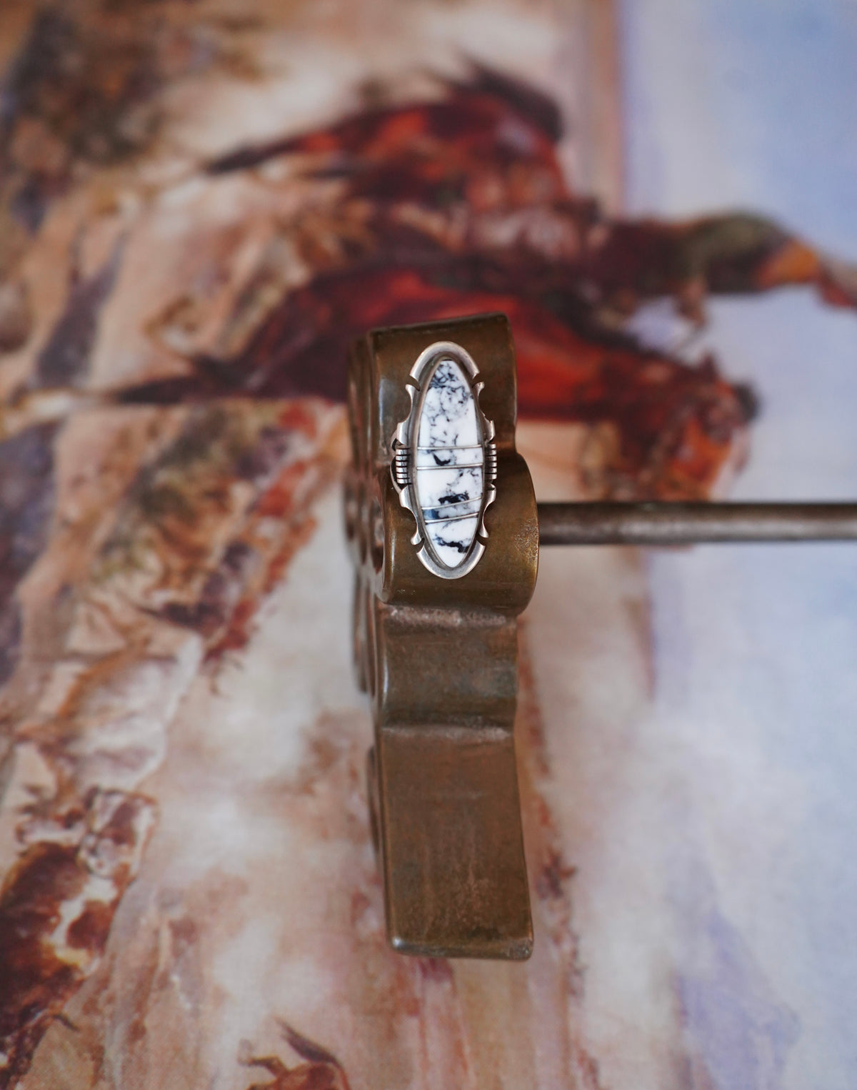 White Buffalo Inlay Oval Ring - Sz 6