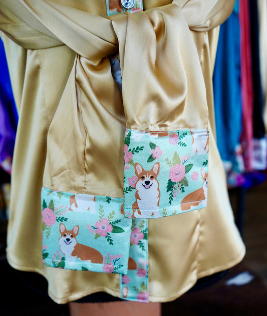 M - Floral Corgis on Gold Satin Button Down