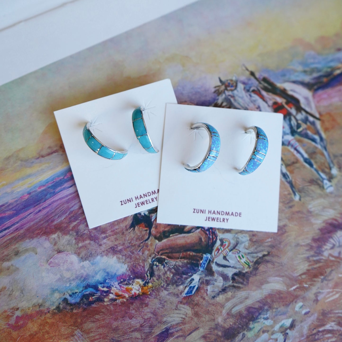 James Kee Zuni Inlay Half Hoop Stud Earrings