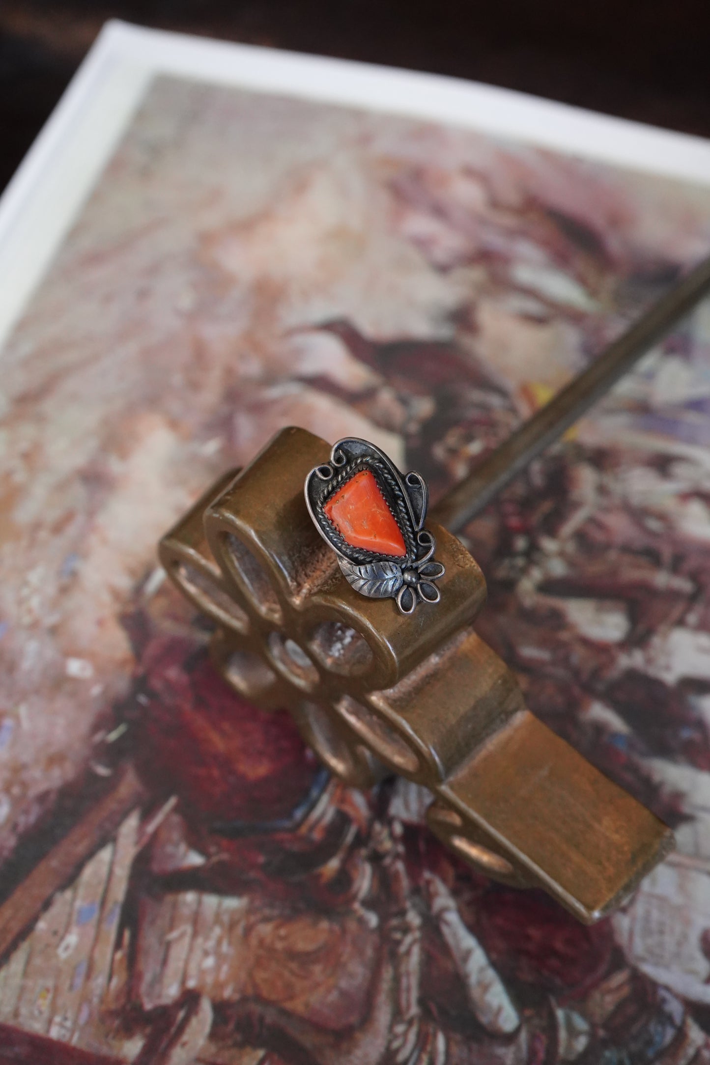 Vintage Orange Spiny w/ Silver Flower & Leaf Ring - Sz 7