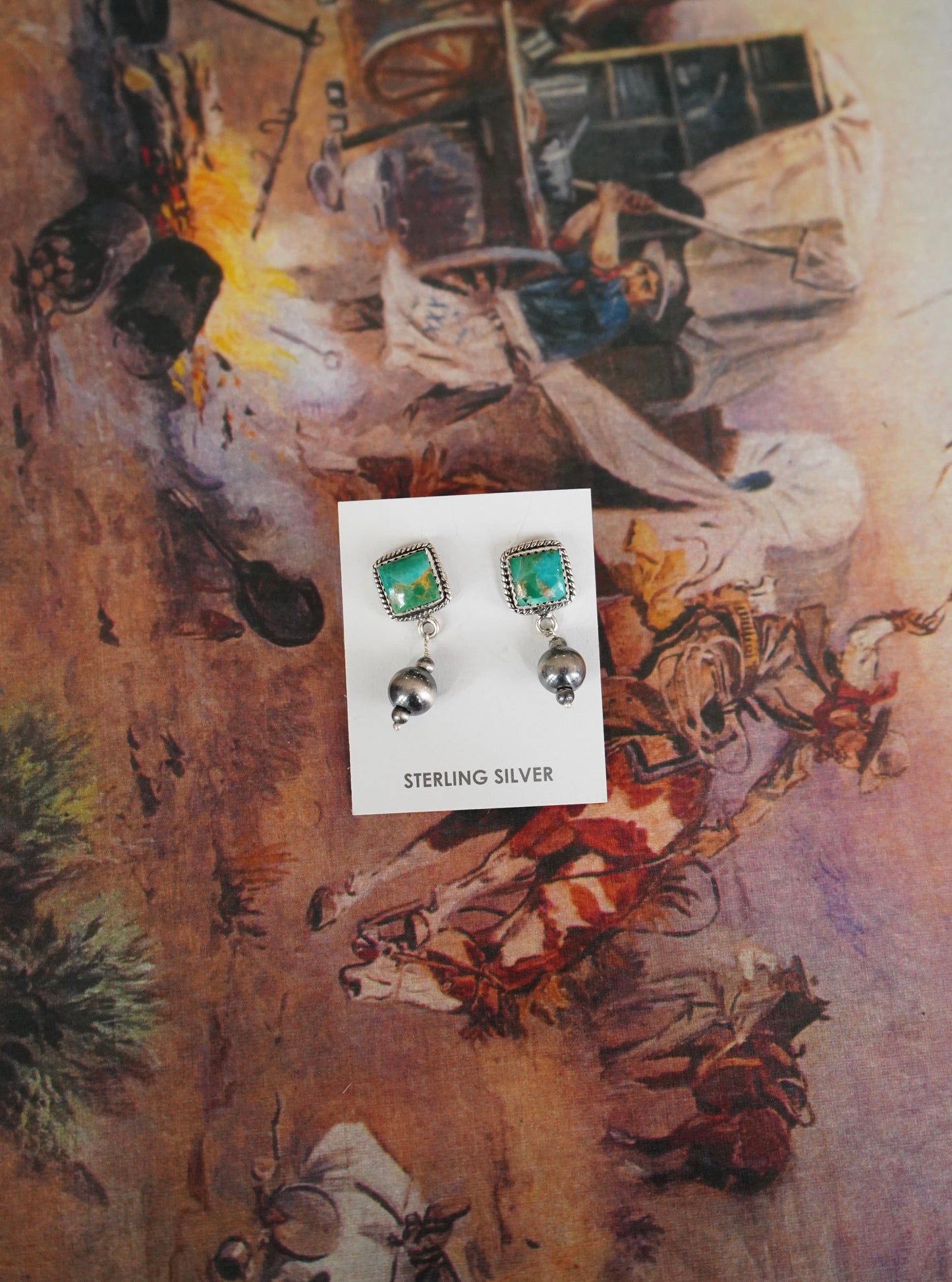 Turquoise Square w/ Dangly Pearl Stud Earrings