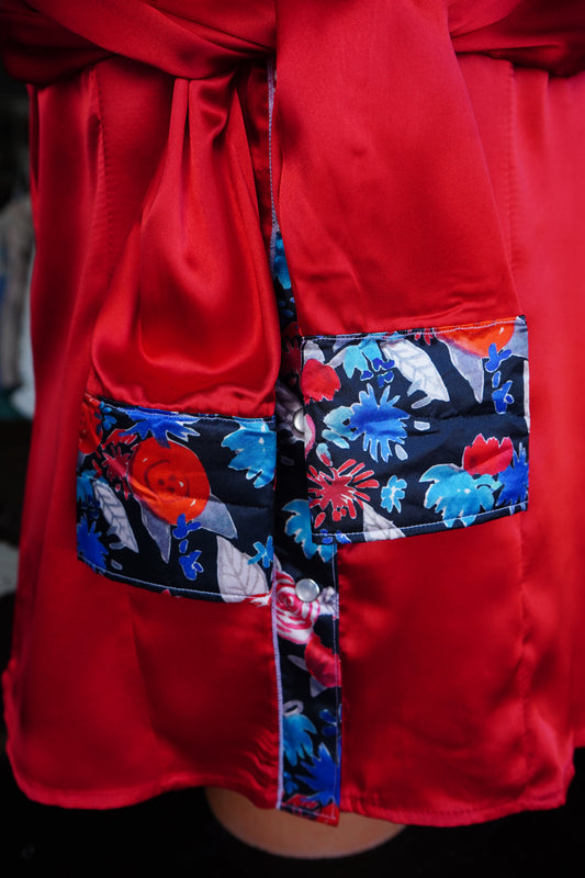 PRELOVED - L - Patriotic Painted Floral on Red Satin Button Down