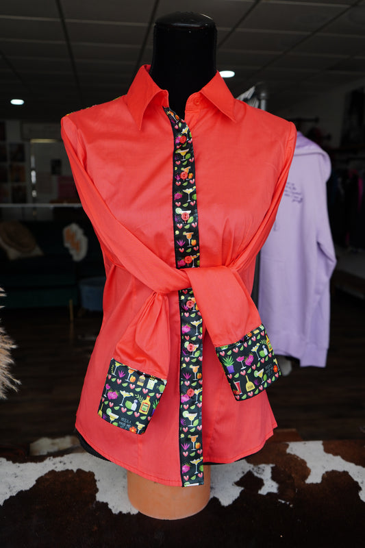 M - Tequila Made Me on Hot Coral Cotton Button Down
