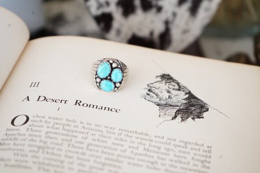 Vintage 3 Stone Turquoise w/ Silver Beads Mens Ring - Sz 11