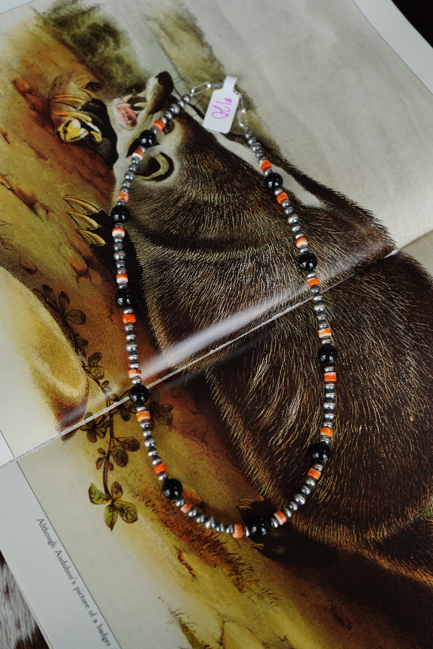 Black Onyx & Orange Spiny Navajo Pearl Necklace - 18”
