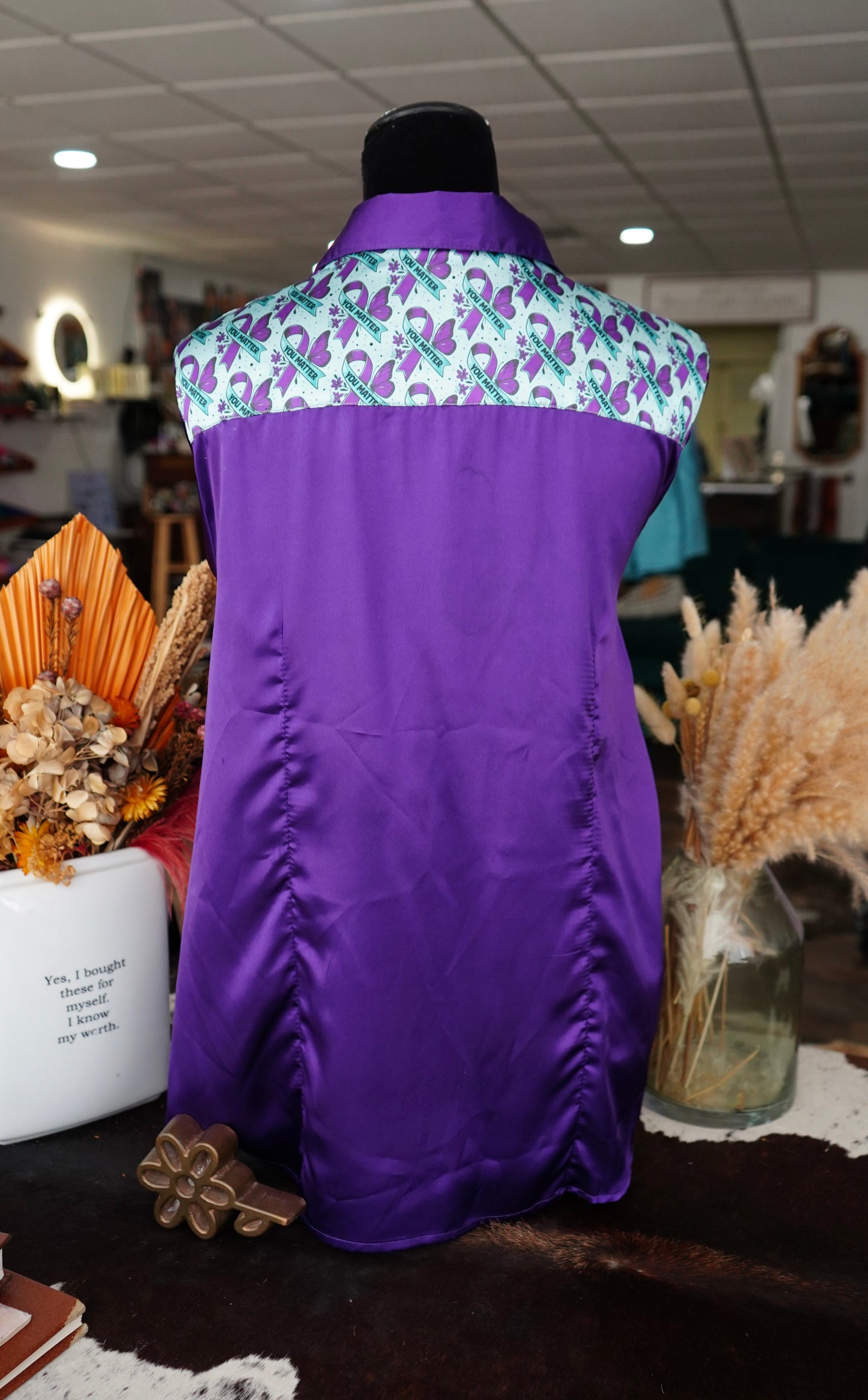 3XL - You Matter on Purple Satin Button Down