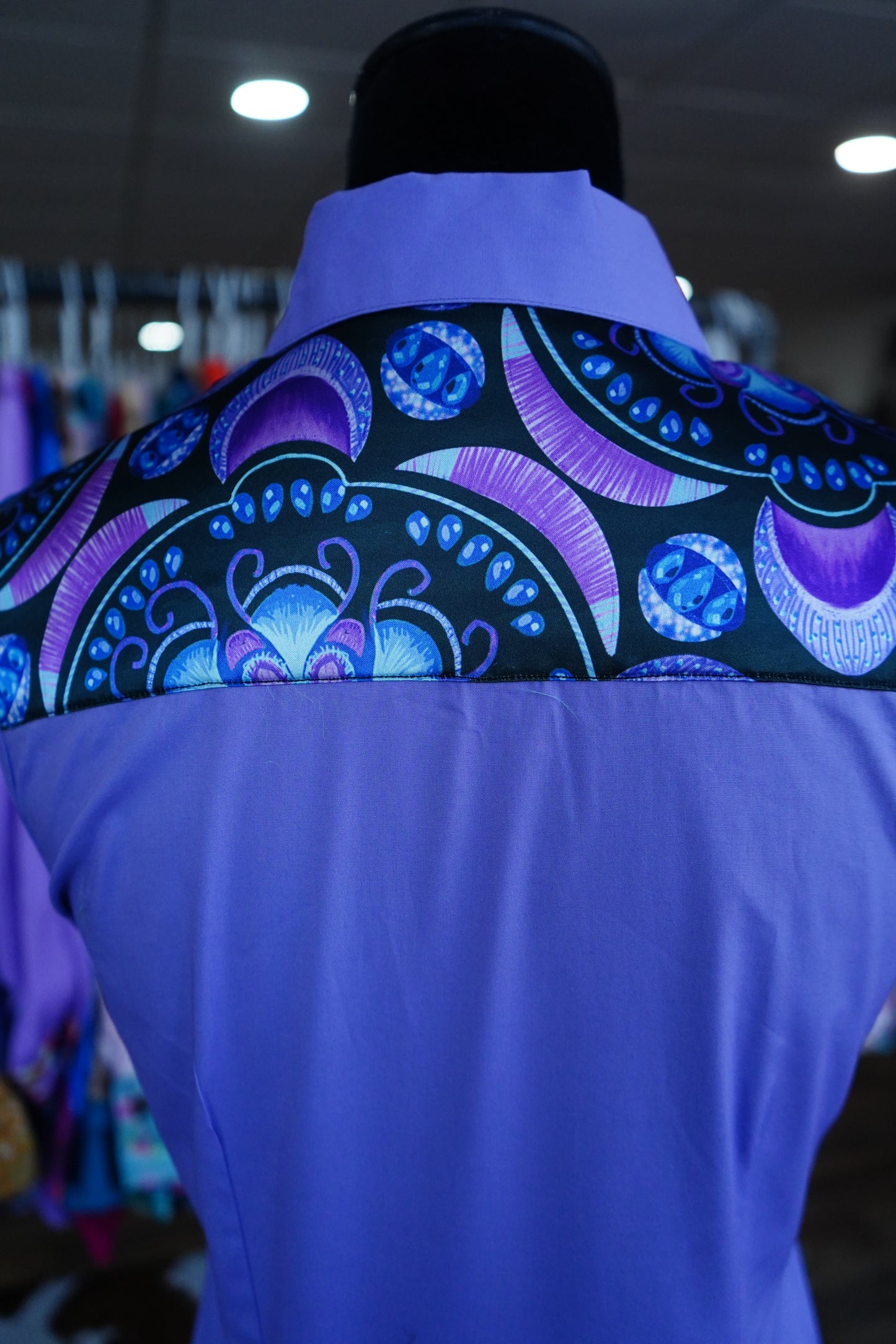 S - Purple & Blue Designs on Lavender Cotton Button Down