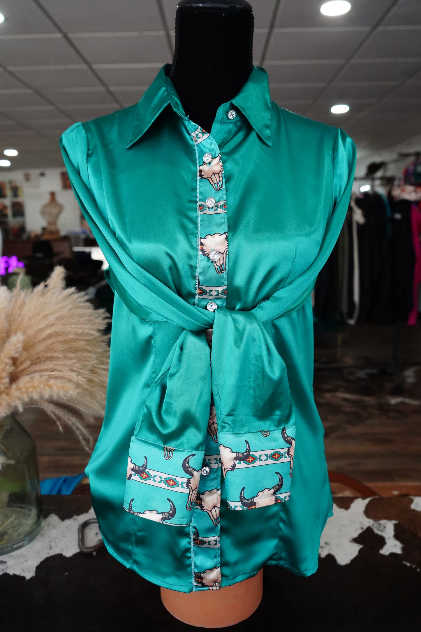 M - Turquoise Aztec Steer Heads on Emerald Satin Button Down
