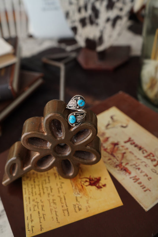 Vintage 2 Stone Turquoise w/ Silver Feathers - Adj.